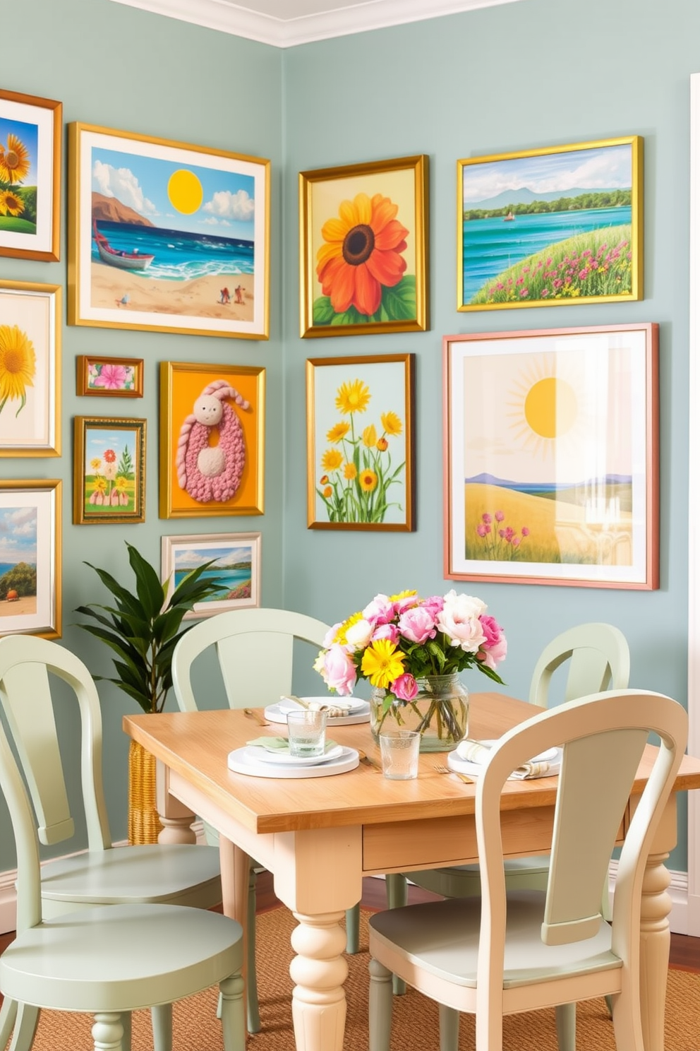 Create a gallery wall featuring vibrant summer-themed artwork. Incorporate pieces that showcase beach scenes, colorful flowers, and sunny landscapes for a lively atmosphere. Design a summer dining room that exudes warmth and comfort. Use a light wooden table paired with soft pastel chairs and add fresh floral centerpieces for a cheerful touch.