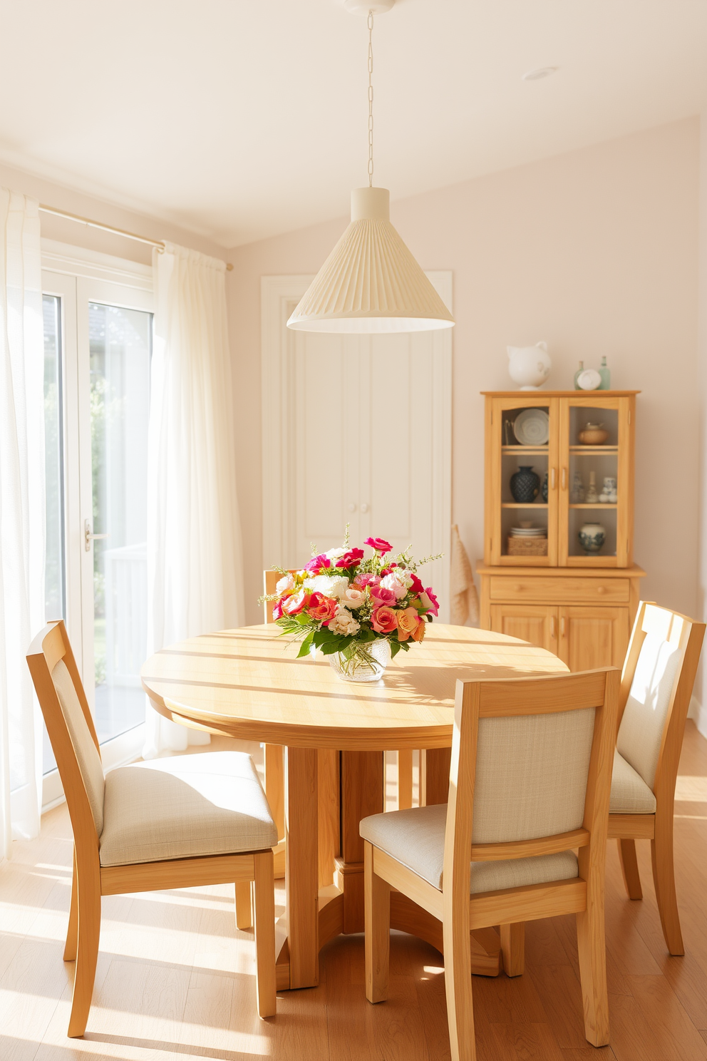 A bright and airy dining room featuring light wood furniture that creates a warm and inviting atmosphere. The table is surrounded by comfortable upholstered chairs, with a centerpiece of fresh flowers adding a touch of color. Soft natural light filters through sheer curtains, illuminating the space and enhancing the light wood tones. A statement pendant light hangs above the table, creating a focal point that complements the summer theme.