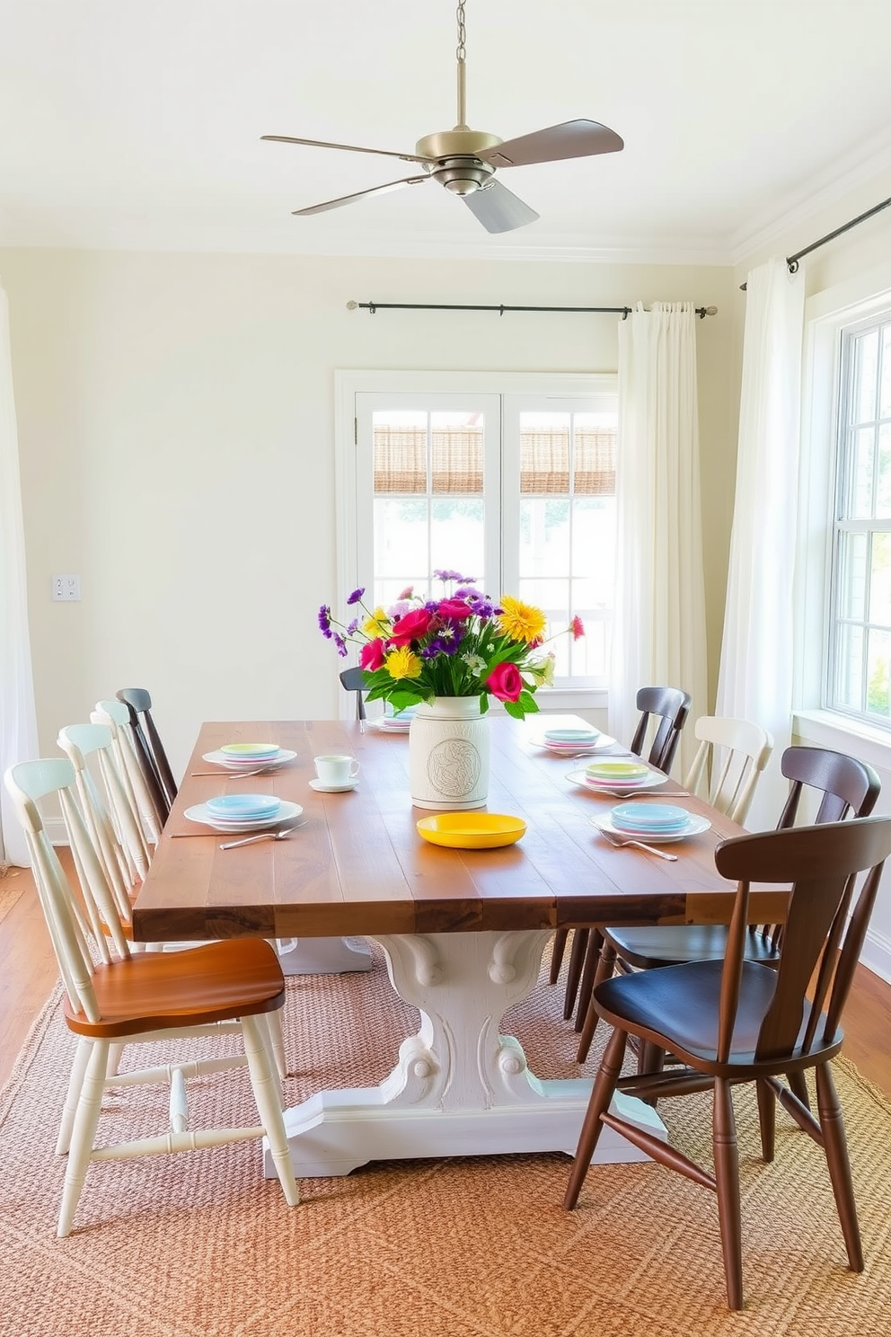 A bright and airy summer dining room features a large farmhouse table made of reclaimed wood surrounded by mismatched chairs for a casual feel. Fresh flowers in vibrant colors are arranged in a rustic ceramic vase at the center of the table, adding a lively touch to the space. The walls are painted in a soft pastel hue, and sheer curtains allow natural light to filter in, creating a warm and inviting atmosphere. A woven jute rug under the table adds texture, while simple place settings with colorful dishes enhance the cheerful summer vibe.