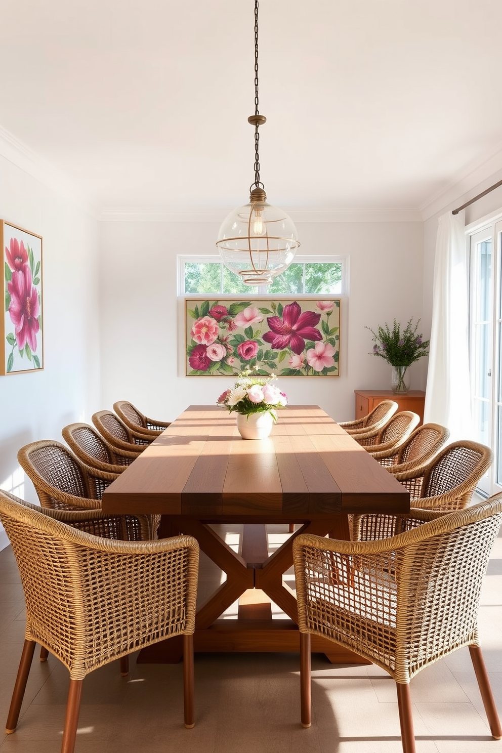 A bright and airy summer dining room featuring a large wooden table surrounded by woven chairs. Above the table, stylish pendant lights hang, providing a warm glow and unique flair to the space. The walls are painted in a soft pastel color, complemented by vibrant floral artwork. A large window allows natural light to flood in, with sheer curtains gently swaying in the breeze.