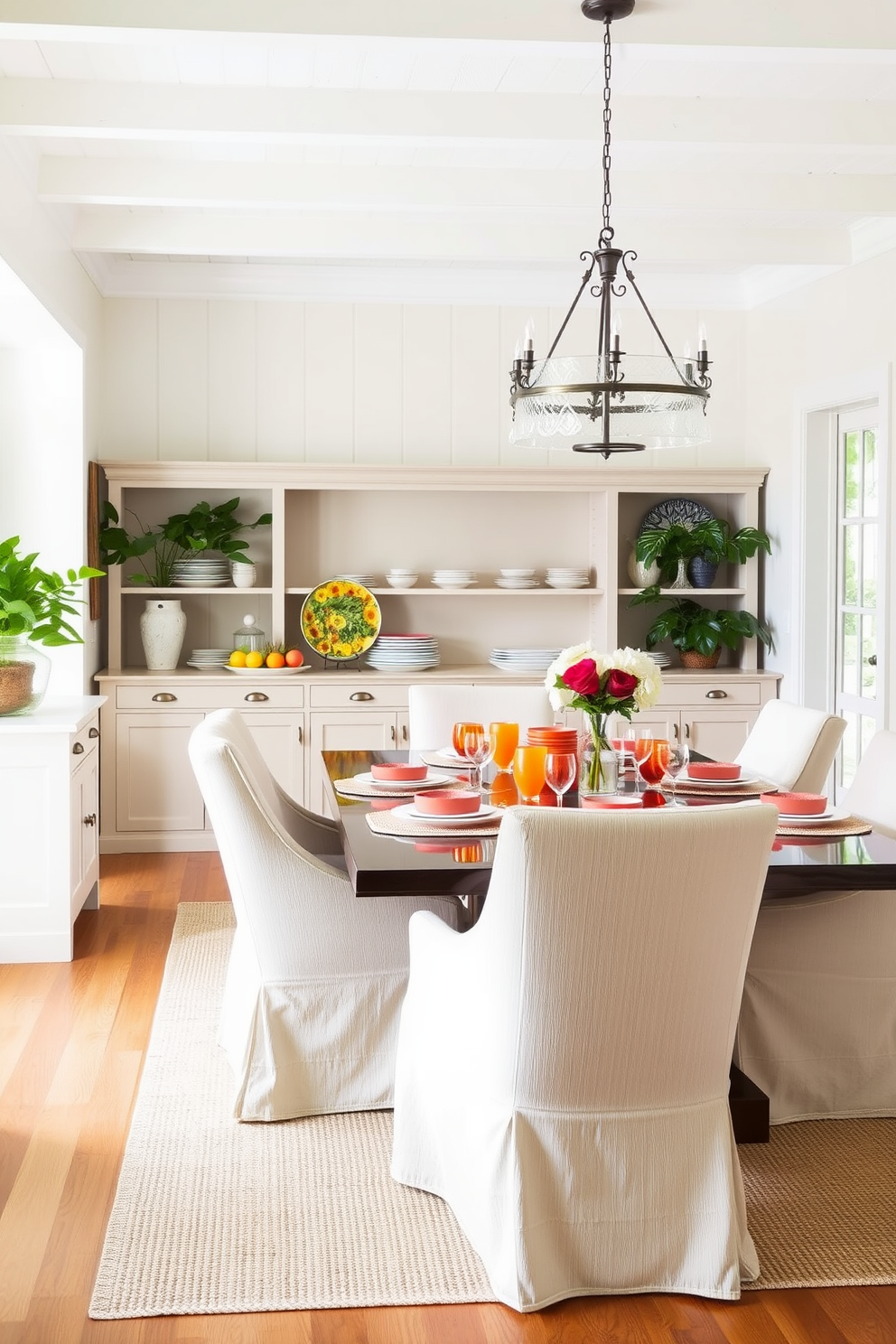 A bright and airy summer dining room features a stylish buffet against one wall, providing ample storage for dinnerware and serving essentials. The table is set with vibrant tableware, surrounded by comfortable chairs that invite guests to gather and enjoy meals together.