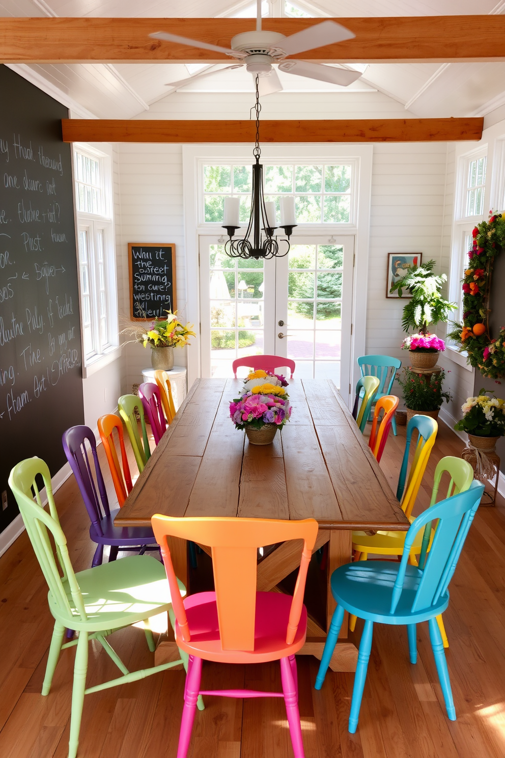 A vibrant summer dining room filled with natural light. The centerpiece is a large wooden dining table surrounded by mismatched chairs in bright colors. A chalkboard wall is featured on one side, inviting guests to leave fun messages and drawings. The room is adorned with fresh flowers and seasonal decorations, creating a cheerful and inviting atmosphere.