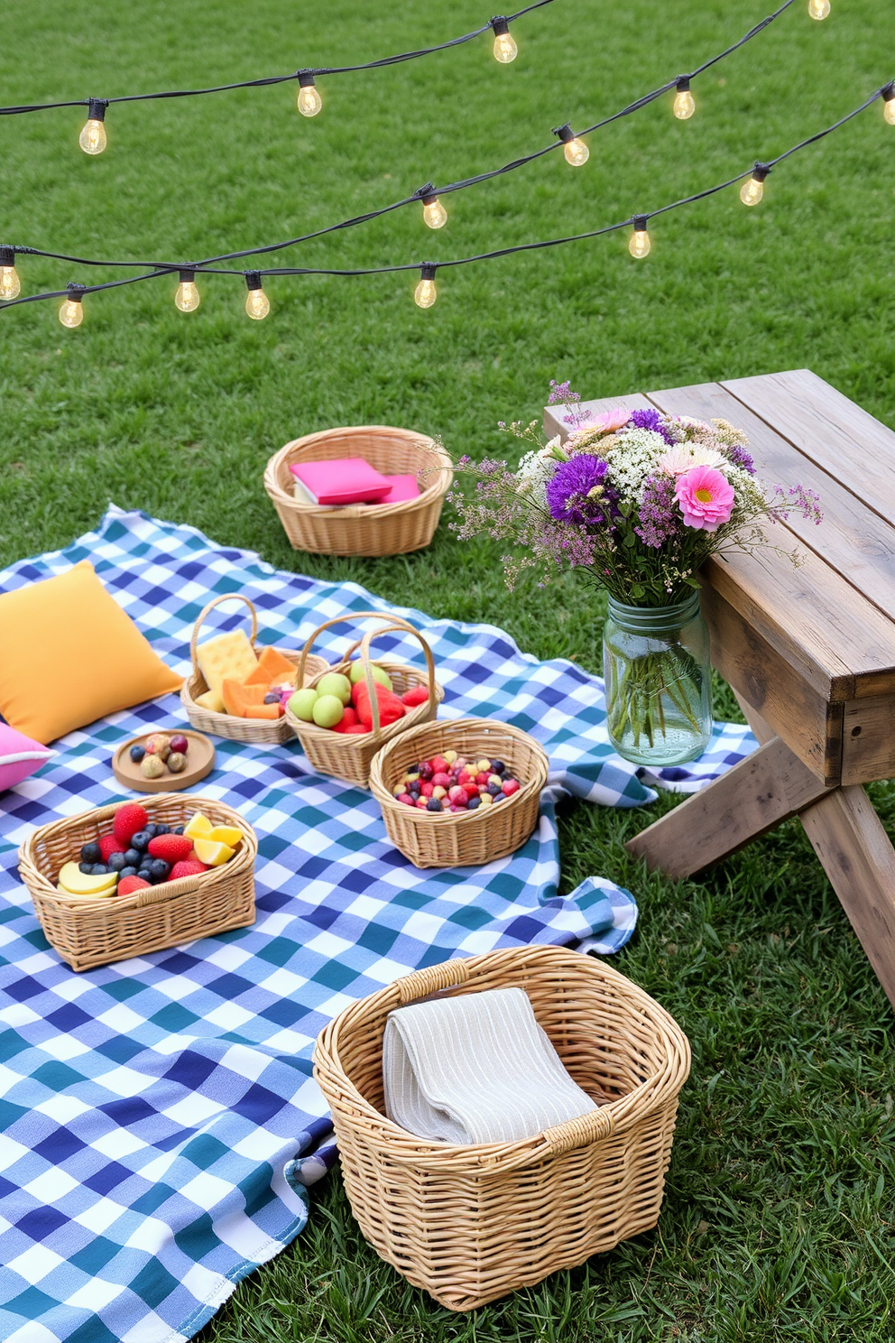 A charming picnic-style dining setup features a large checkered blanket spread across a grassy area. Surrounding the blanket are colorful cushions and wicker baskets filled with an assortment of fresh fruits and snacks. A rustic wooden table is set up nearby, adorned with a bouquet of wildflowers in a mason jar. Twinkling fairy lights are draped overhead, creating a warm and inviting atmosphere for summer dining.