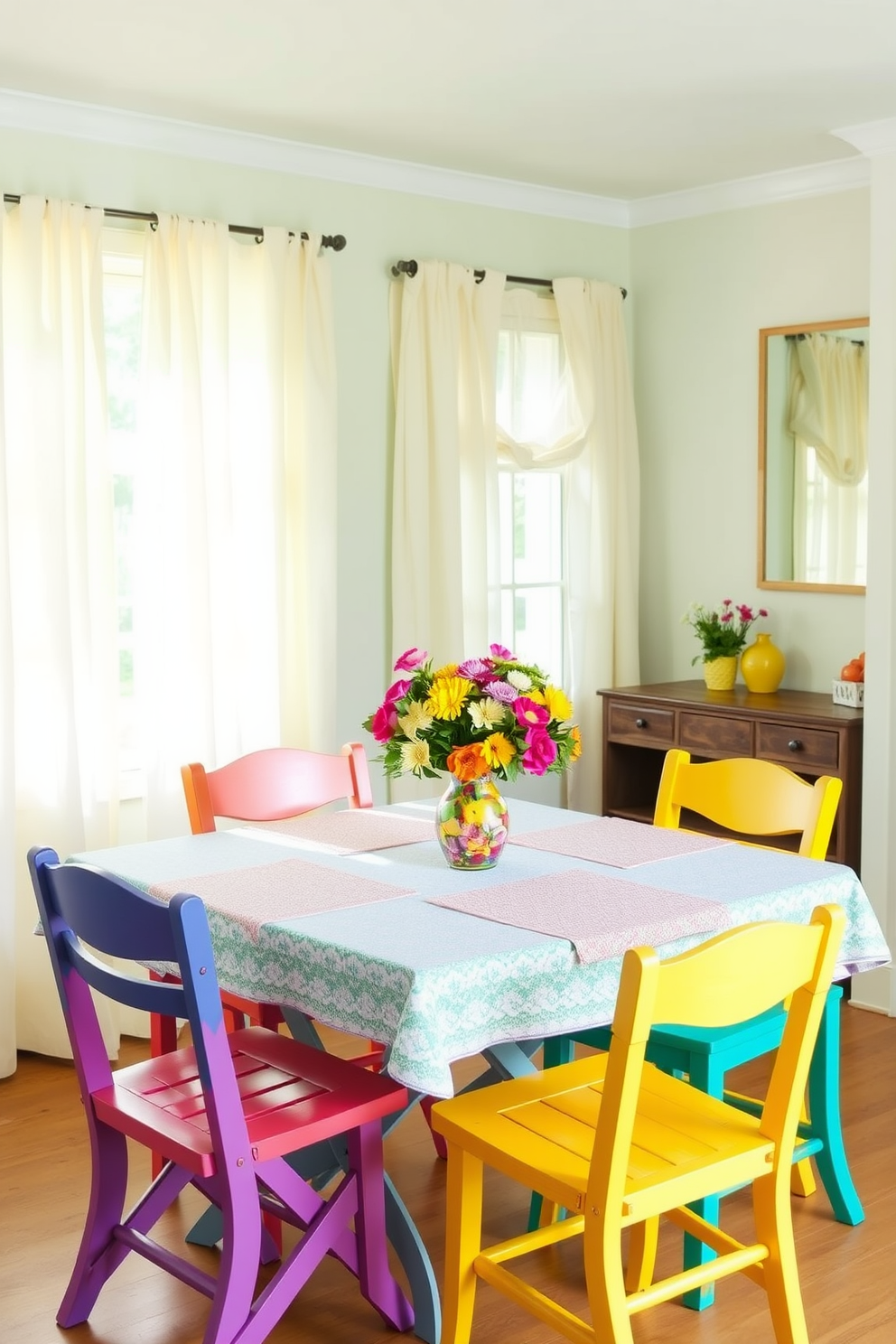 A bright and airy dining room features a folding table set up for casual summer gatherings. Surrounding the table are mismatched chairs in vibrant colors, creating a playful and inviting atmosphere. The walls are adorned with light, breezy curtains that flutter gently in the summer breeze. A centerpiece of fresh flowers in a colorful vase adds a touch of nature and warmth to the setting.