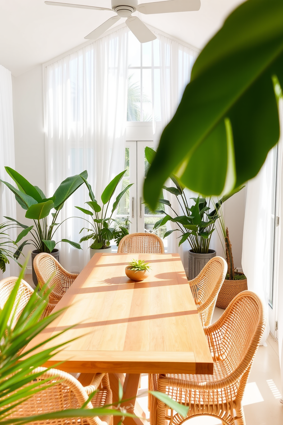 A bright and airy dining room filled with natural light. A large wooden table is surrounded by rattan chairs, creating a relaxed yet elegant atmosphere. Tropical plants are strategically placed around the room, adding vibrant greenery and freshness. Soft white curtains frame the windows, allowing gentle breezes to flow through while enhancing the summery feel.