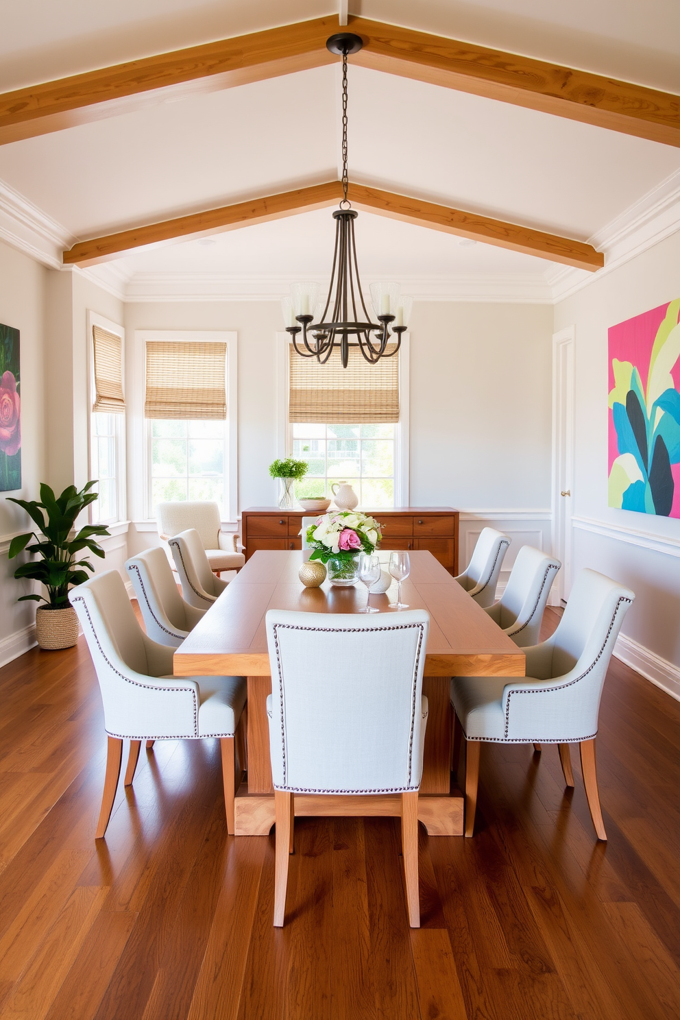 A bright and airy dining room featuring a large wooden table surrounded by upholstered chairs in a soft pastel color. On the walls, vibrant artwork in bold hues adds a pop of color and creates an inviting atmosphere for summer gatherings.