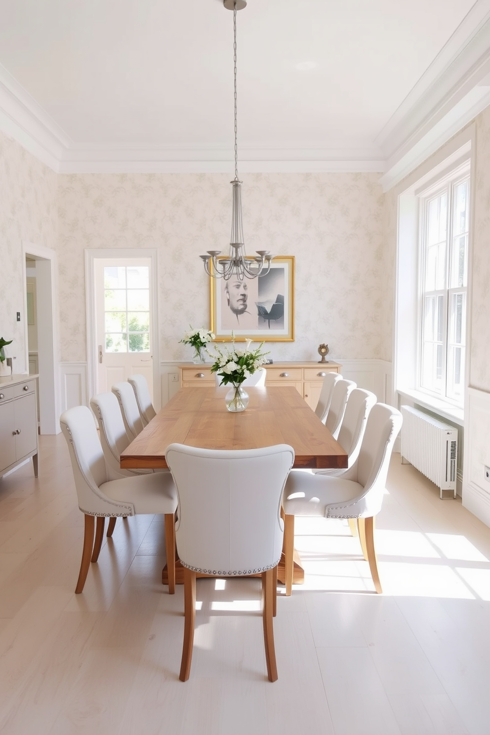 A bright and airy dining room features a large wooden table surrounded by light fabric upholstered chairs in a soft pastel hue. The walls are adorned with subtle floral wallpaper, and natural light pours in through large windows, enhancing the cheerful ambiance.