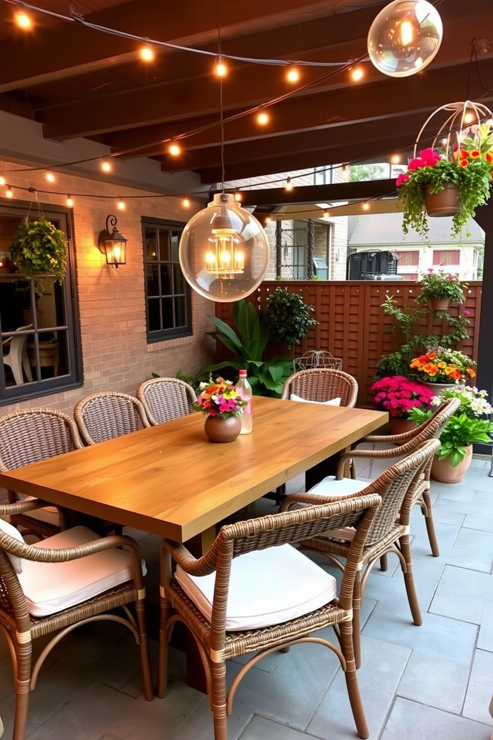 A charming outdoor dining area features a large wooden table surrounded by stylish wicker chairs with soft cushions. String lights are draped above, creating a warm ambiance, while potted plants and colorful flowers add vibrancy to the setting.