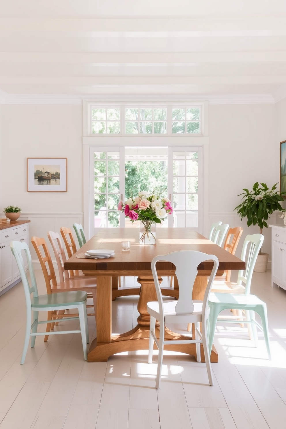 A bright and airy dining room filled with natural light. The walls are painted in soft pastel shades, creating a serene atmosphere perfect for summer gatherings. A large wooden dining table is surrounded by mismatched chairs in light pastel hues. Fresh flowers in a simple vase adorn the center of the table, adding a touch of seasonal charm.