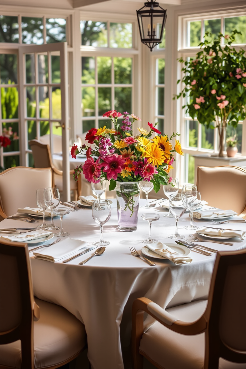 A summer dining room filled with natural light. The table is elegantly set with fine china, crystal glassware, and polished silverware, surrounded by comfortable upholstered chairs. Fresh flowers in a vibrant vase serve as a centerpiece, adding color and life to the setting. Soft linen tablecloths and napkins complement the decor, creating a relaxed yet sophisticated atmosphere.