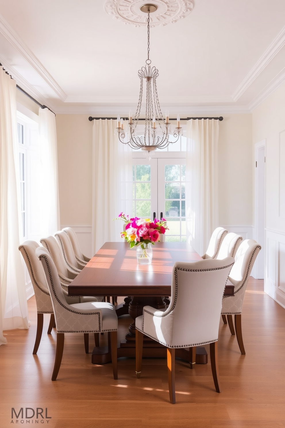 A bright summer dining room featuring a large wooden table surrounded by elegant upholstered chairs. The walls are painted in a soft cream color, and the space is adorned with fresh flowers in a vibrant vase. Sheer curtains drape gracefully from the ceiling to the floor, allowing natural light to filter in and create an airy atmosphere. A statement chandelier hangs above the table, adding a touch of sophistication to the inviting setting.