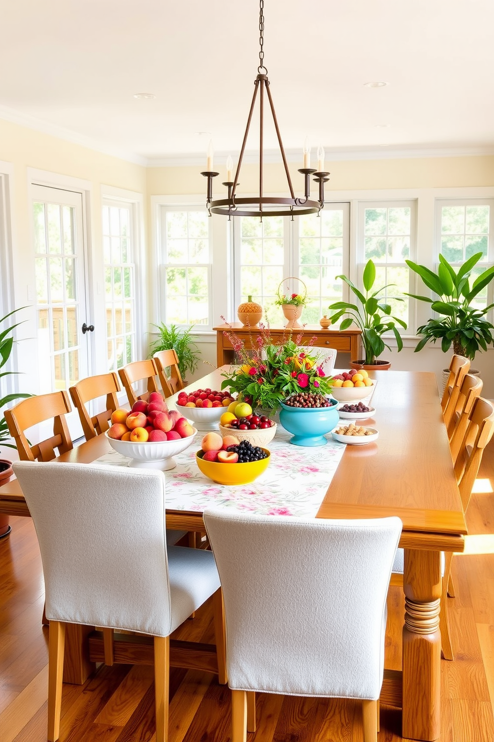 A bright and airy summer dining room features a large wooden table surrounded by comfortable chairs. On the table, colorful bowls filled with fresh seasonal fruits like peaches, cherries, and berries create a vibrant centerpiece. The walls are painted in a soft pastel hue, complementing the natural light streaming in through large windows. A floral table runner adds a touch of elegance, while potted plants in the corners enhance the fresh and inviting atmosphere.