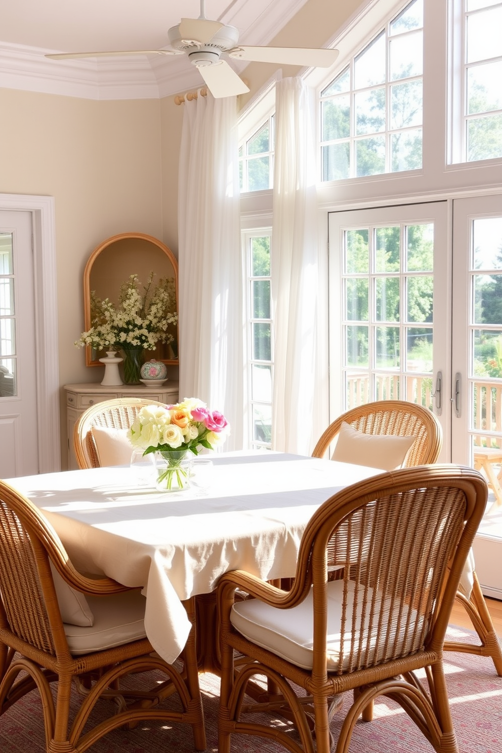 A bright and airy summer dining room featuring rattan furniture pieces. The table is set with a light-colored tablecloth and adorned with fresh flowers in a simple vase. Surrounding the table are comfortable wicker chairs with soft cushions in pastel shades. Large windows allow natural light to flood the space, complemented by sheer curtains that flutter gently in the breeze.