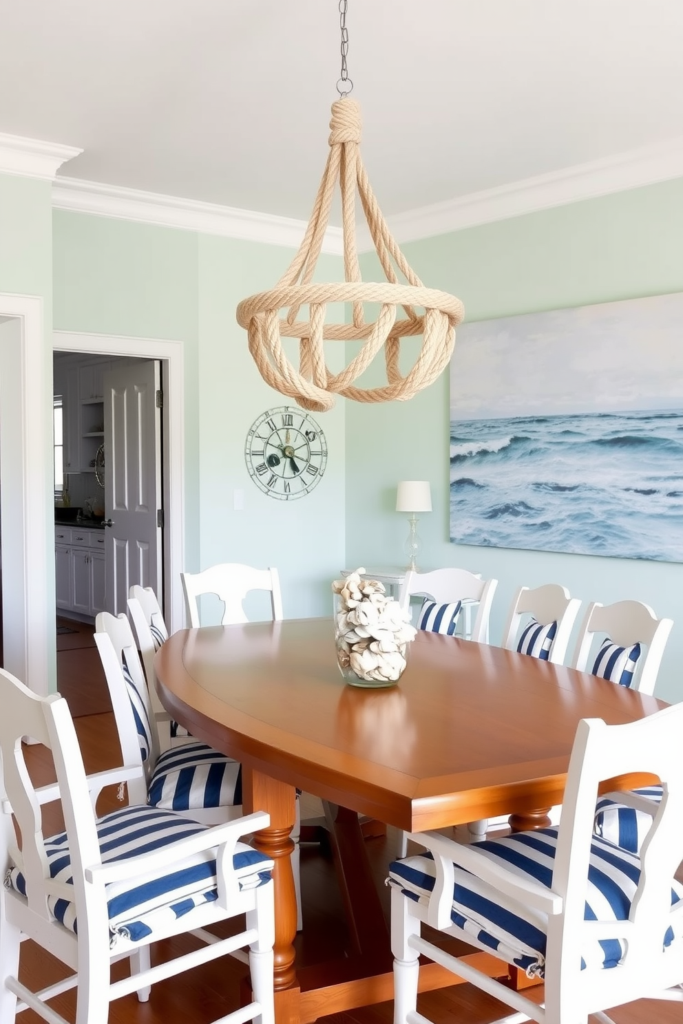 A bright and airy dining room inspired by nautical themes. The space features a large wooden dining table with white chairs, accented by blue and white striped cushions. Nautical decor accents include a rope chandelier hanging above the table and a collection of seashells displayed in a glass vase. The walls are painted in a soft seafoam green, while a large piece of ocean-themed artwork adorns one side of the room.