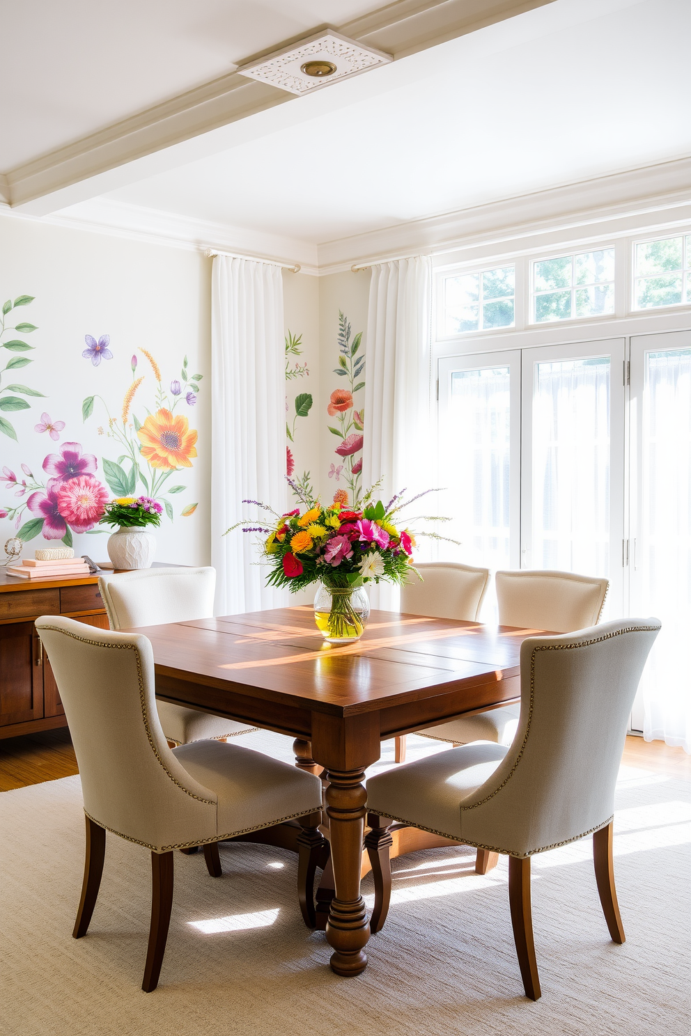 A bright and airy dining room features a large wooden table surrounded by elegant upholstered chairs. The walls are adorned with vibrant botanical prints that bring a fresh and lively atmosphere to the space. Natural light floods in through large windows draped with sheer white curtains, enhancing the cheerful ambiance. A centerpiece of seasonal flowers in a colorful vase sits atop the table, completing the summer theme.