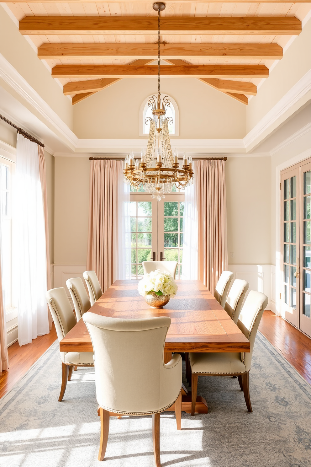 A summer dining room that exudes elegance and warmth. The space features a large wooden dining table surrounded by upholstered chairs in soft pastel colors. A statement chandelier hangs above the table, casting a warm glow throughout the room. Large windows allow natural light to flood in, adorned with sheer curtains that flutter gently in the breeze.