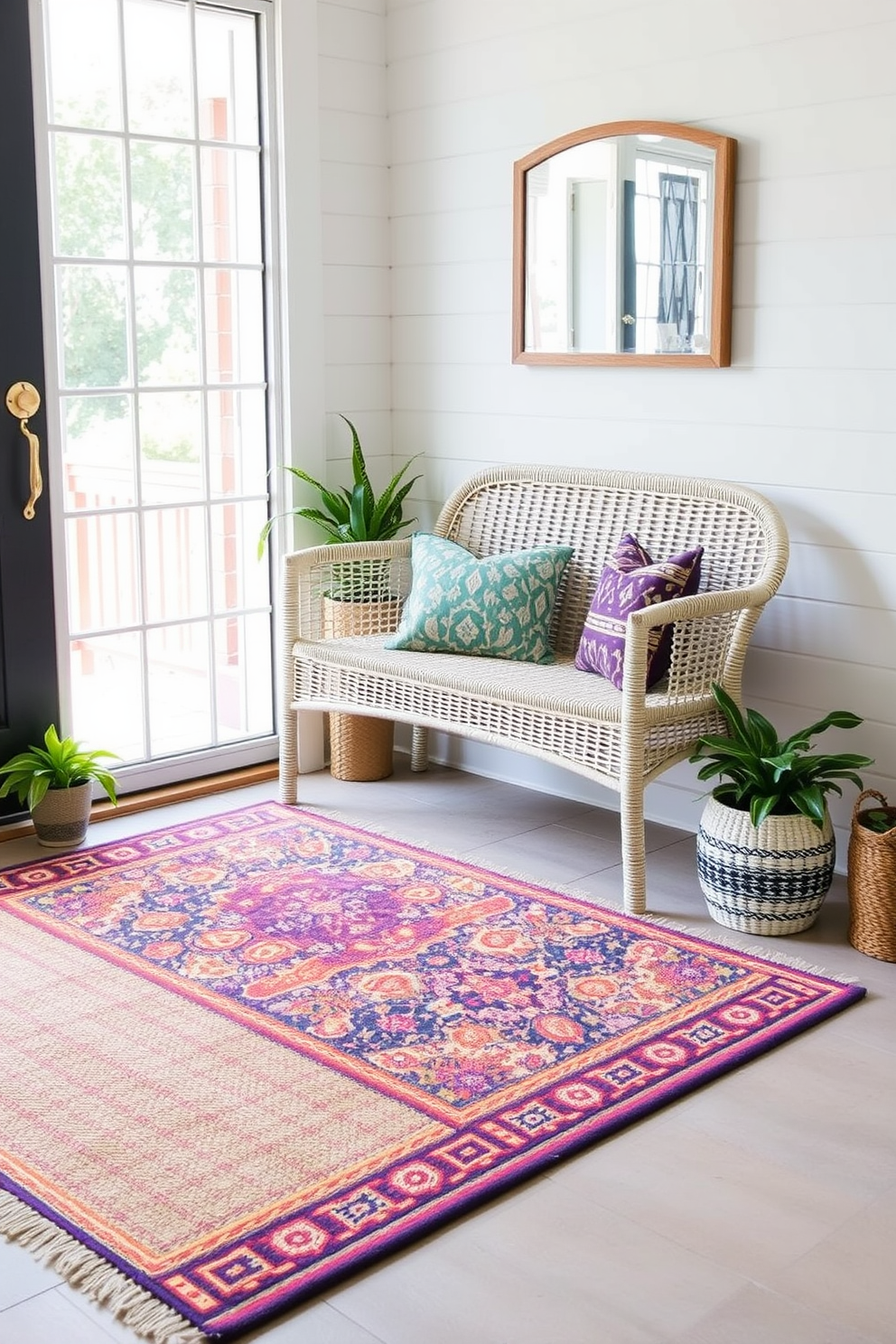 Layer rugs for added warmth and style. A vibrant patterned area rug is placed atop a larger neutral jute rug, creating a cozy and inviting atmosphere. Summer entryway decorating ideas. Fresh potted plants flank the door, and a light wicker bench provides a welcoming spot to sit and remove shoes.