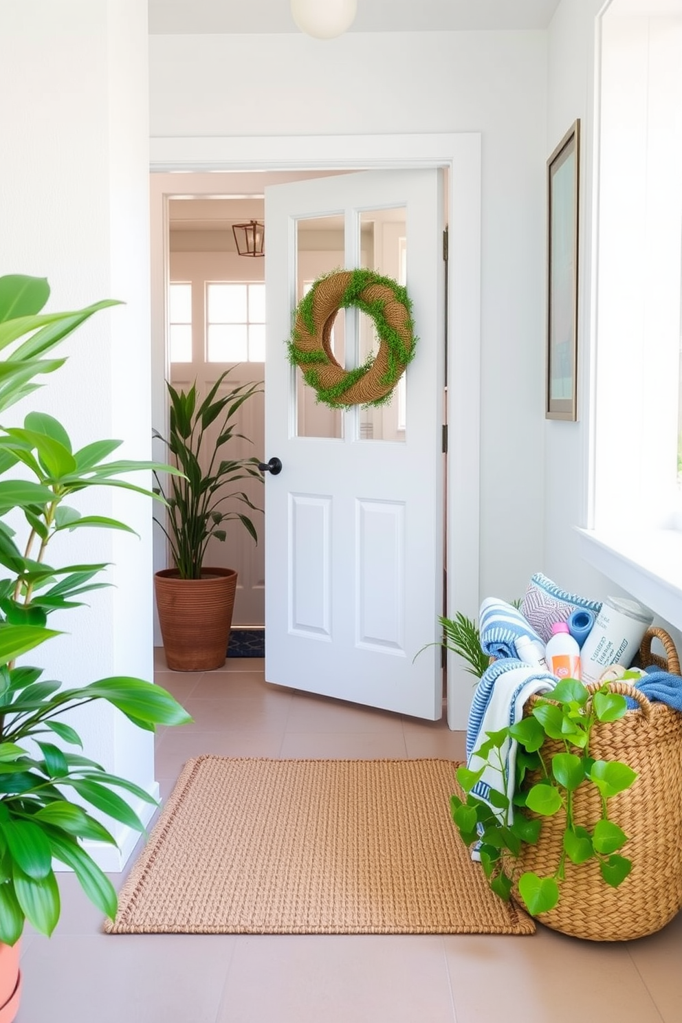 A bright and airy summer entryway features a seagrass welcome mat that adds a natural touch. Flanking the entrance are potted plants with vibrant green leaves, creating a welcoming atmosphere. The walls are painted in a soft pastel hue, enhancing the light-filled space. A seagrass basket sits in the corner, filled with beach towels and summer essentials for easy access.