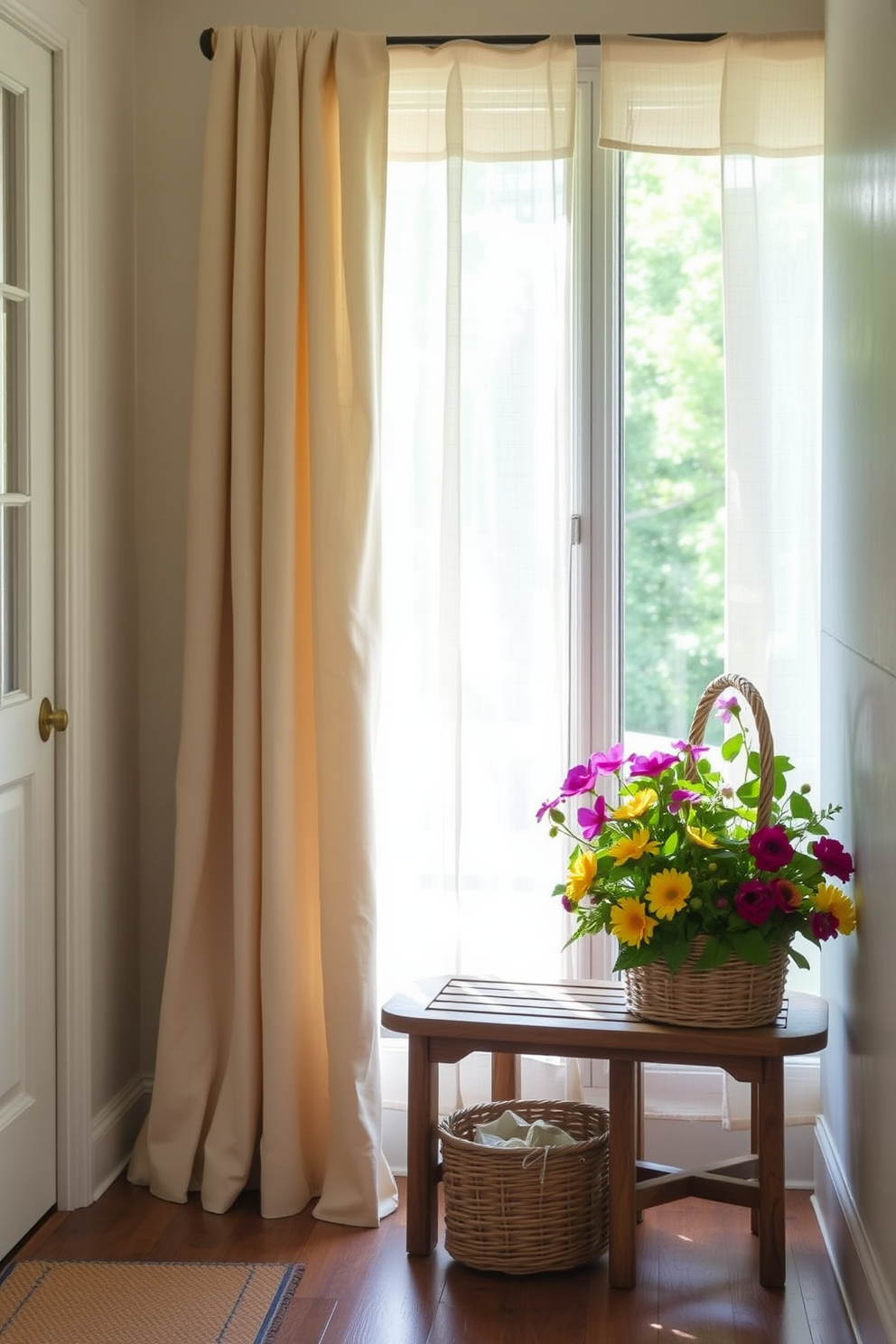 A bright and inviting entryway adorned with linen curtains that gently filter sunlight, creating an airy and fresh atmosphere. A rustic wooden bench is positioned against the wall, complemented by a woven basket filled with vibrant summer flowers.