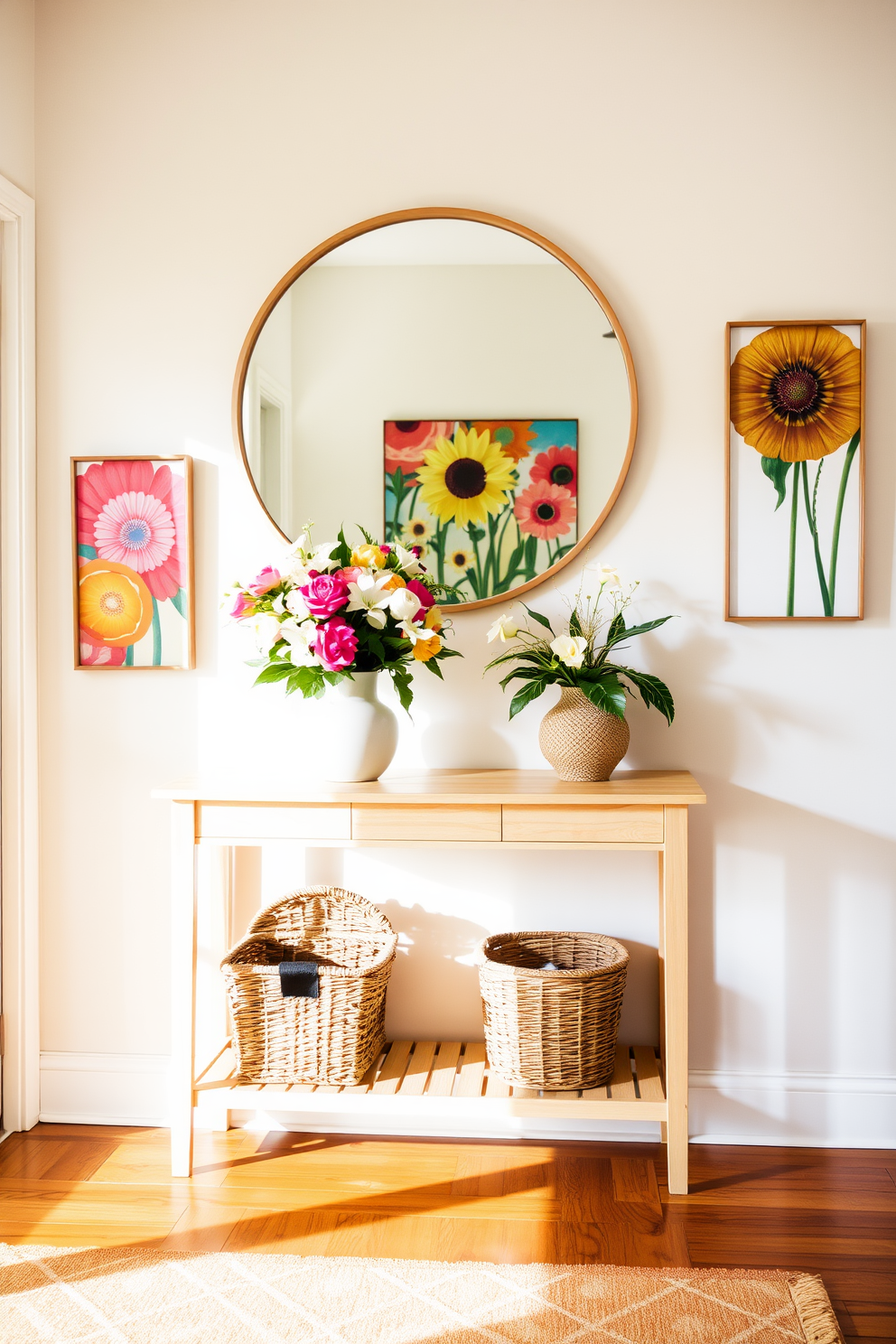 A bright and inviting summer entryway features a light wood console table with fresh flowers and a woven basket for storage. A large round statement mirror hangs above the table, reflecting natural light and adding depth to the space. The walls are painted in a soft pastel color, complemented by vibrant artwork that captures the essence of summer. A patterned rug in warm tones lies underfoot, welcoming guests as they enter this cheerful space.