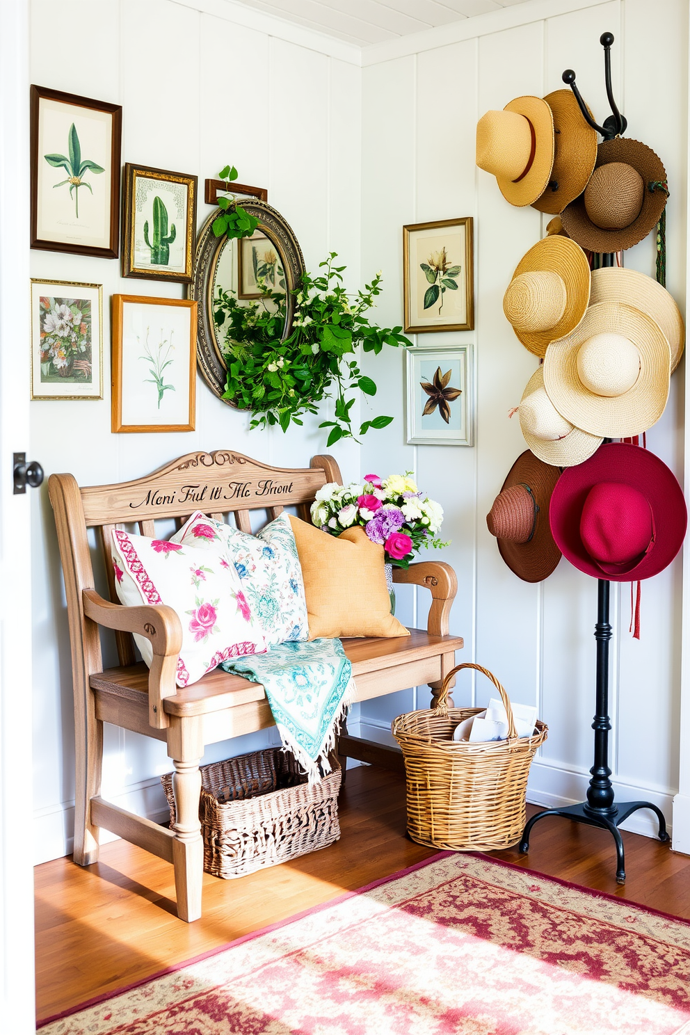 A charming summer entryway filled with vintage finds creates a warm welcome. An antique wooden bench is adorned with colorful throw pillows and a woven basket filled with fresh flowers sits beside it. The walls are decorated with framed botanical prints and a vintage mirror reflects natural light. A patterned area rug adds texture to the space while a collection of sun hats hangs on a rustic coat rack.