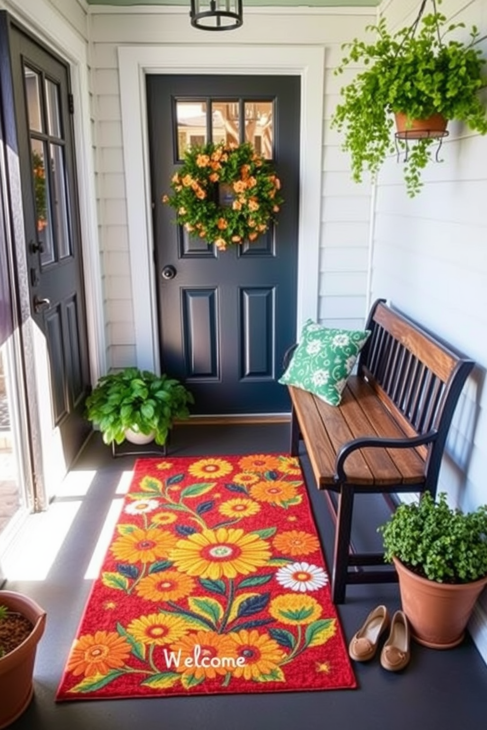 A charming entryway adorned with a vibrant welcome mat that features a cheerful floral pattern. Surrounding the mat, potted plants with lush greenery add a fresh touch, while a wooden bench provides a cozy spot for shoes.