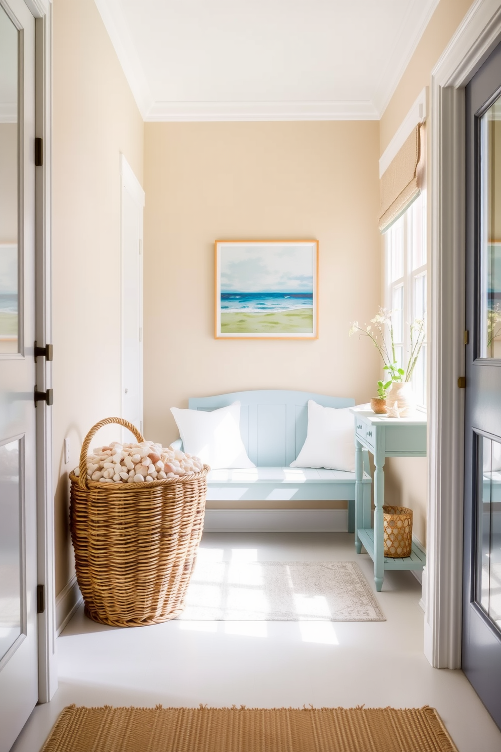 A bright and airy entryway adorned with nautical elements. A large woven basket filled with seashells sits by the door, complementing a light blue bench with white cushions. The walls are painted in a soft sandy beige, evoking a beachy feel. A coastal-themed artwork hangs above a console table, which is decorated with starfish and a small potted plant.