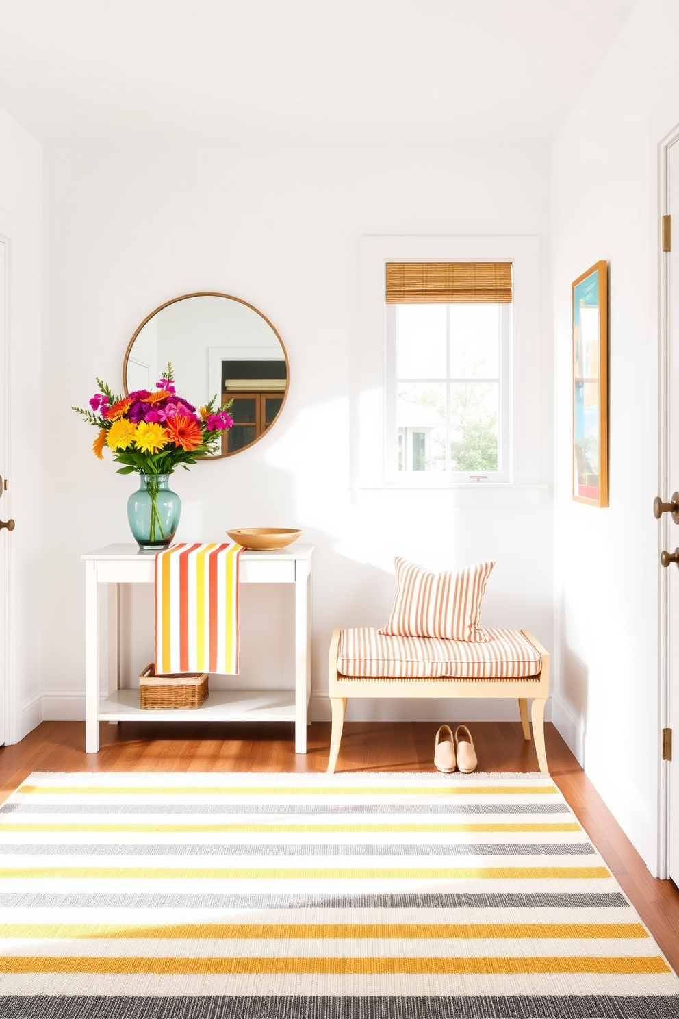 A bright and airy entryway welcomes guests with striped patterns in vibrant summer colors. A console table adorned with a striped runner sits against the wall, complemented by a large round mirror and a vibrant floral arrangement. The walls are painted in a soft white to enhance the natural light, while a striped area rug adds warmth underfoot. A stylish bench with striped cushions provides a comfortable spot for putting on shoes, creating a cheerful and inviting atmosphere.