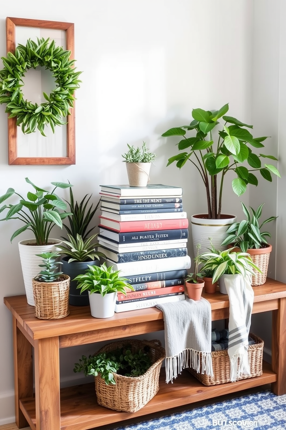 Create a vignette featuring a collection of well-styled books stacked on a rustic wooden console table. Surround the books with various potted plants in different sizes, adding a touch of greenery and life to the space. Incorporate a woven basket to hold additional plant supplies and a cozy throw blanket draped over the side. Use soft, natural light to enhance the inviting atmosphere of the summer entryway.