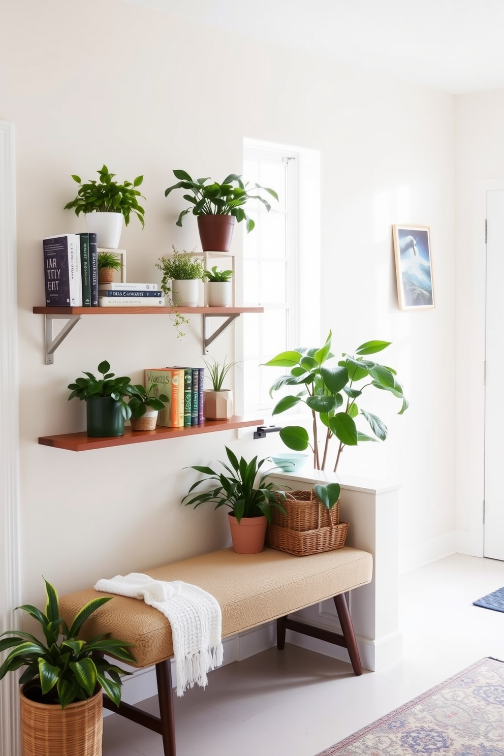 A bright and inviting entryway features floating shelves adorned with potted plants and decorative books. The walls are painted in a soft pastel hue, and a stylish bench is placed beneath the shelves for added functionality.