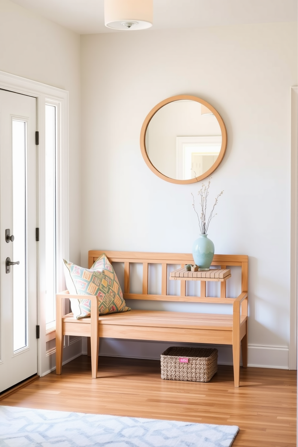 A bright and airy entryway filled with natural light. Light wood furniture pieces create a warm and inviting atmosphere, complemented by soft pastel accents. A stylish bench with a light wood finish is positioned against the wall, adorned with colorful throw pillows. A round mirror with a light wood frame hangs above a small console table, enhancing the sense of space and brightness.