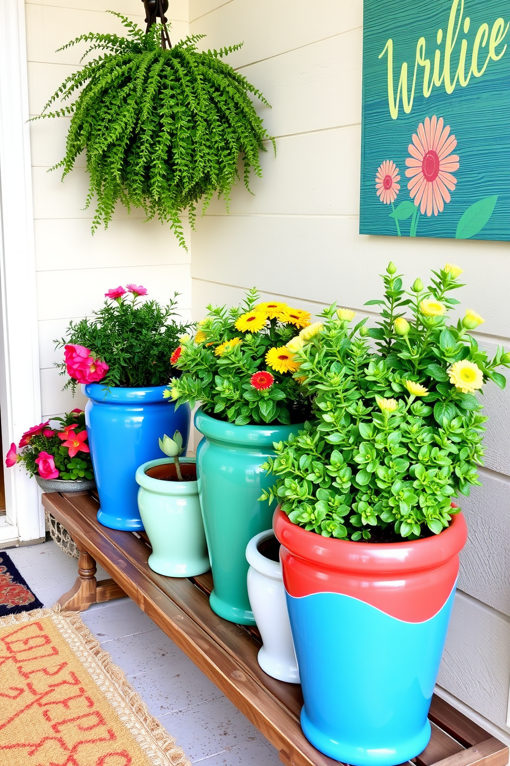 Create a vibrant summer entryway featuring colorful ceramic planters filled with lush greenery. The planters are arranged on a rustic wooden bench, complemented by a bright welcome mat and cheerful wall art.