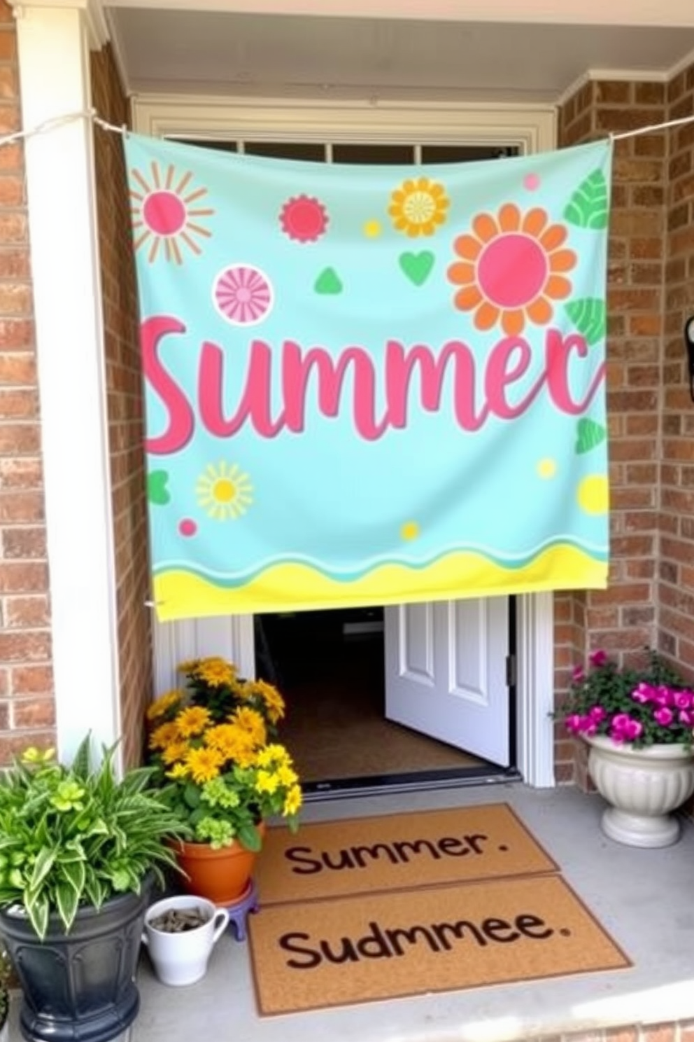 A vibrant summer-themed banner is hung across the entryway, featuring bright colors and playful designs that evoke a sense of joy and warmth. The entryway is adorned with potted plants and a cheerful doormat, creating an inviting atmosphere for guests.