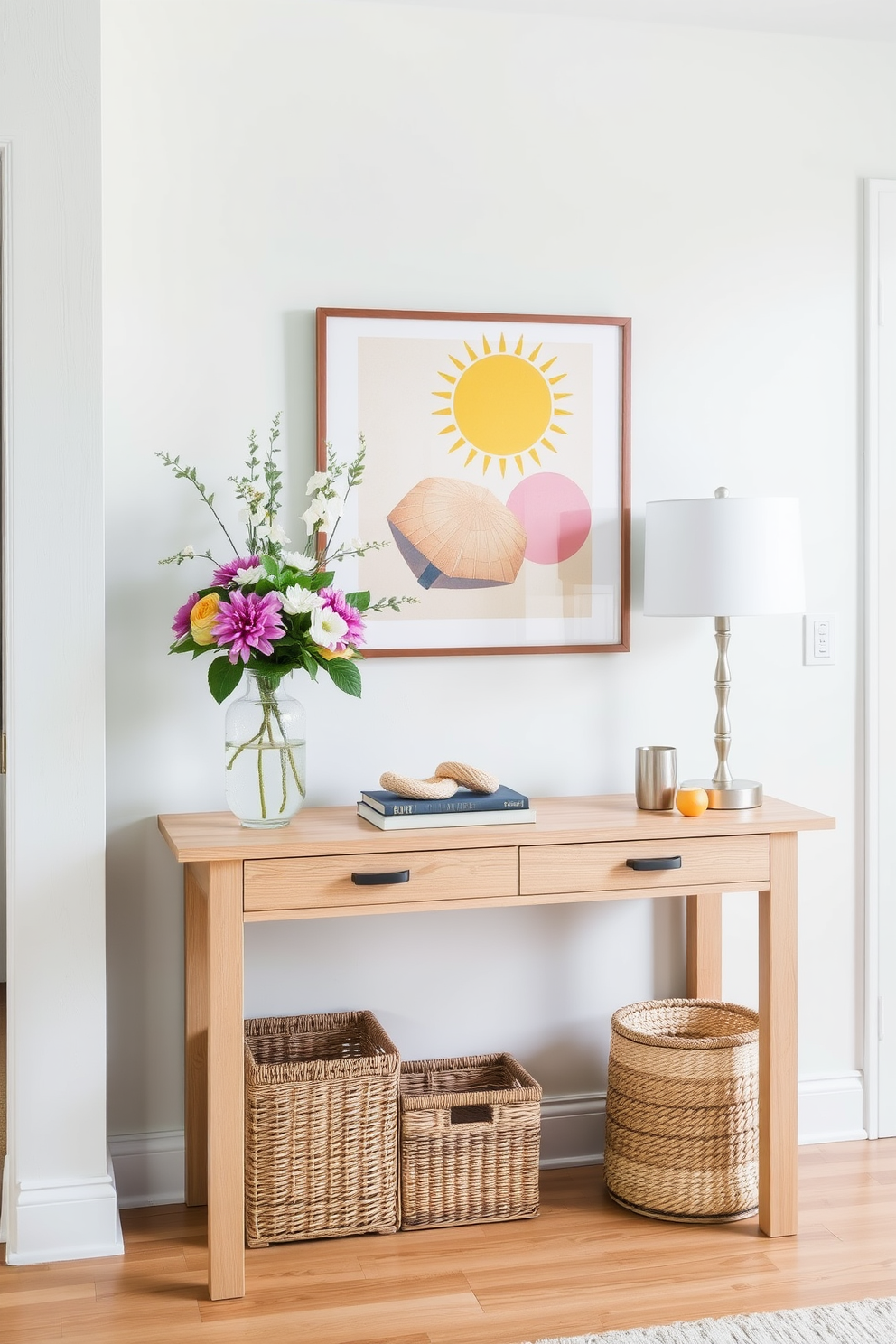 A bright and inviting entryway features a sleek console table made of light wood, adorned with decorative items like a vase of fresh flowers and a stylish lamp. The walls are painted in a soft pastel shade, complemented by a cheerful summer-themed artwork, while a woven basket sits below the table for added organization.