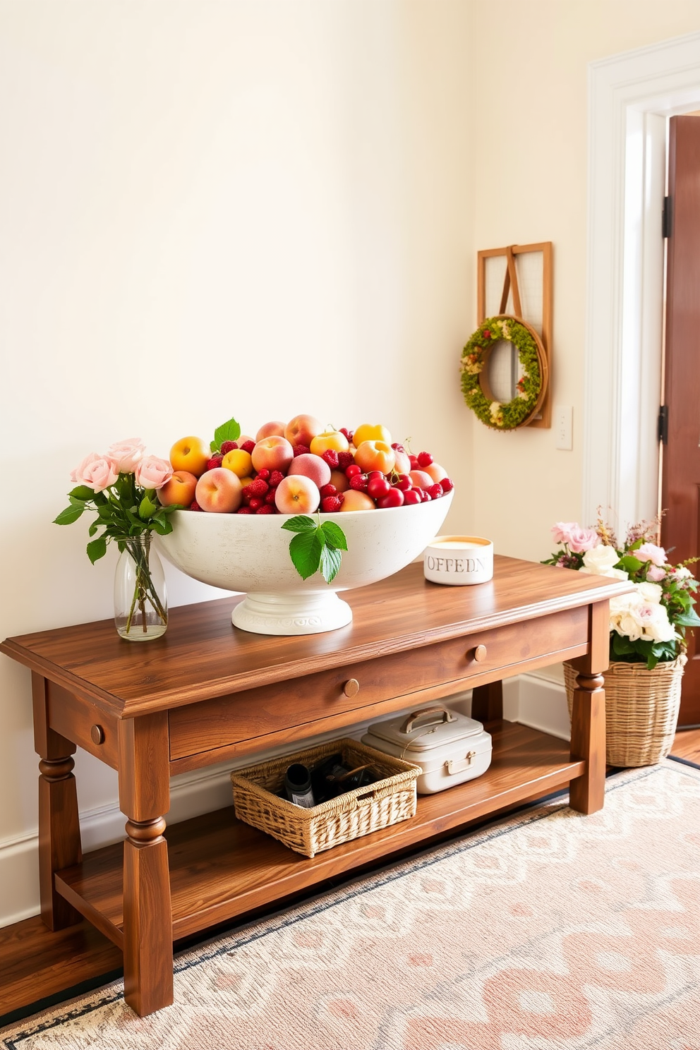 A bright and inviting entryway showcases a large bowl filled with vibrant seasonal fruits such as peaches, cherries, and strawberries. The bowl is placed on a rustic wooden console table, accented by a woven basket filled with fresh flowers nearby. The walls are painted in a soft pastel hue, creating a warm atmosphere that welcomes guests. A stylish rug with a geometric pattern lies beneath, adding texture and a pop of color to the space.