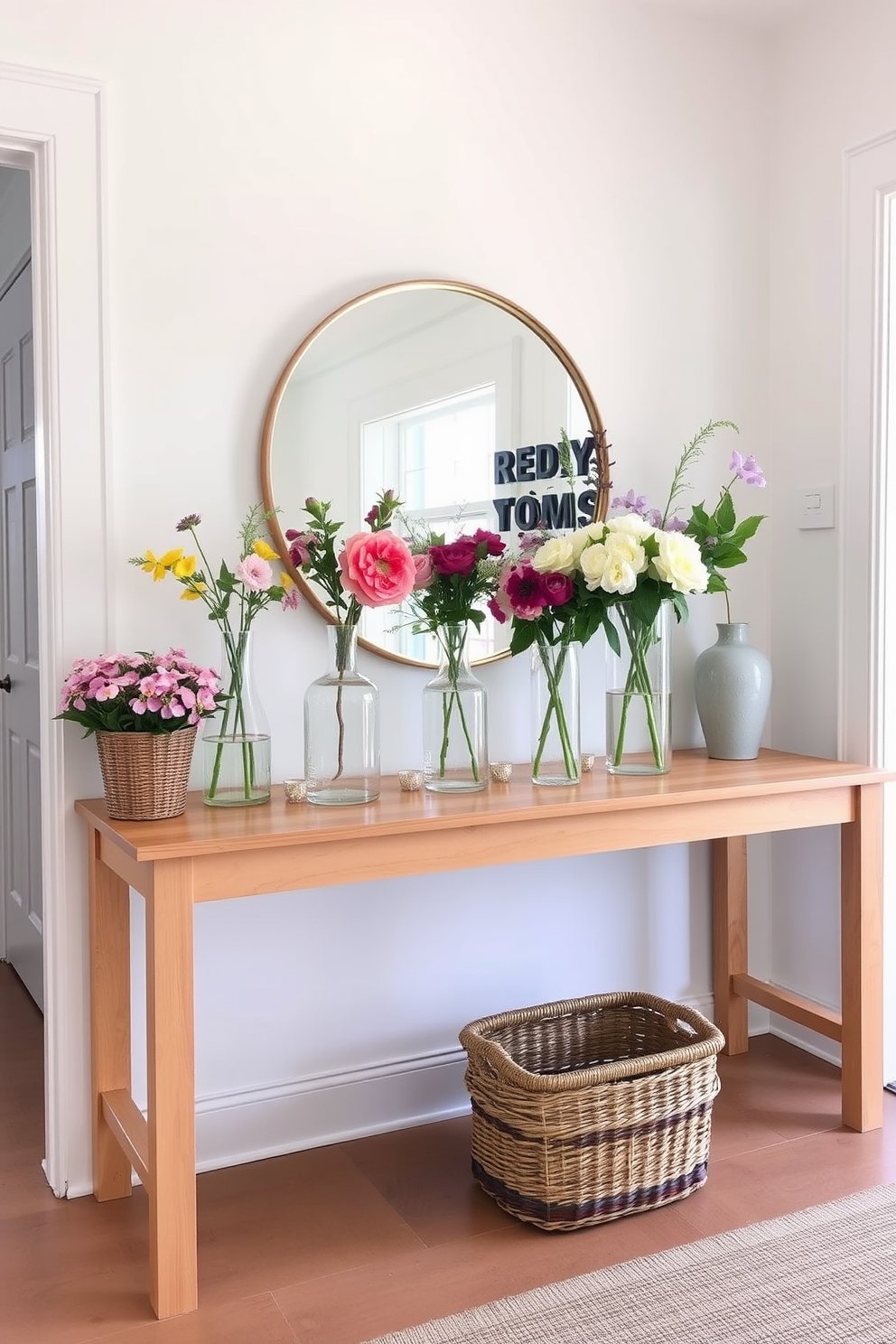 A bright and airy summer entryway features a large console table made of light wood. On the table, clear glass vases of varying heights are filled with fresh seasonal flowers, adding a touch of color and elegance. The walls are painted in a soft white hue, creating a clean backdrop for the decor. A woven basket sits on the floor, providing a practical storage solution for shoes and outdoor gear.