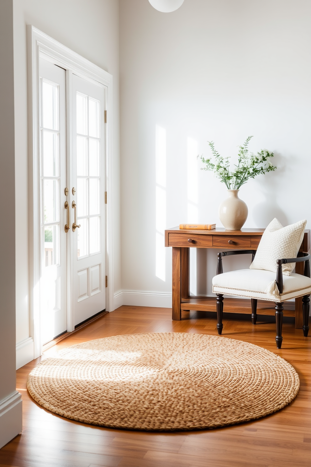 A bright and airy entryway filled with natural light. The space features a woven jute rug layered over a hardwood floor, creating warmth and texture. A console table made of reclaimed wood stands against the wall, adorned with a ceramic vase filled with fresh flowers. To the side, a stylish bench upholstered in soft linen invites guests to sit and remove their shoes.