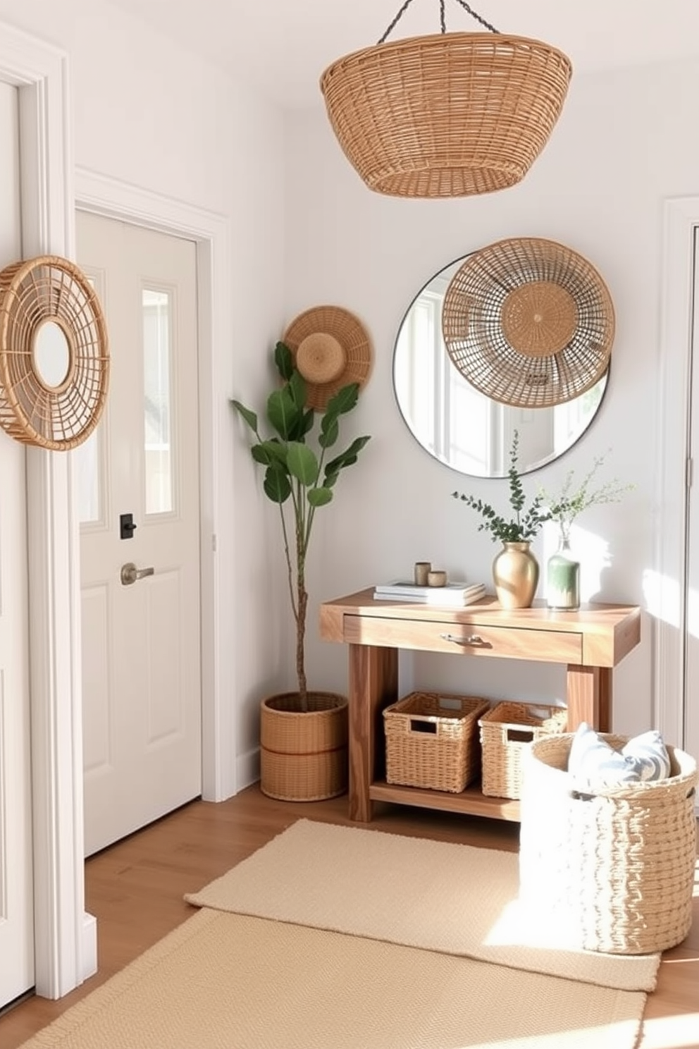 A bright and airy entryway adorned with natural woven baskets that add texture and warmth. The walls are painted in a soft white, and a large round mirror reflects the light from a nearby window, enhancing the inviting atmosphere. A console table made of reclaimed wood sits against the wall, topped with a few decorative items and a small potted plant. A cozy rug in light pastel colors lies underfoot, complementing the overall summer theme of the space.