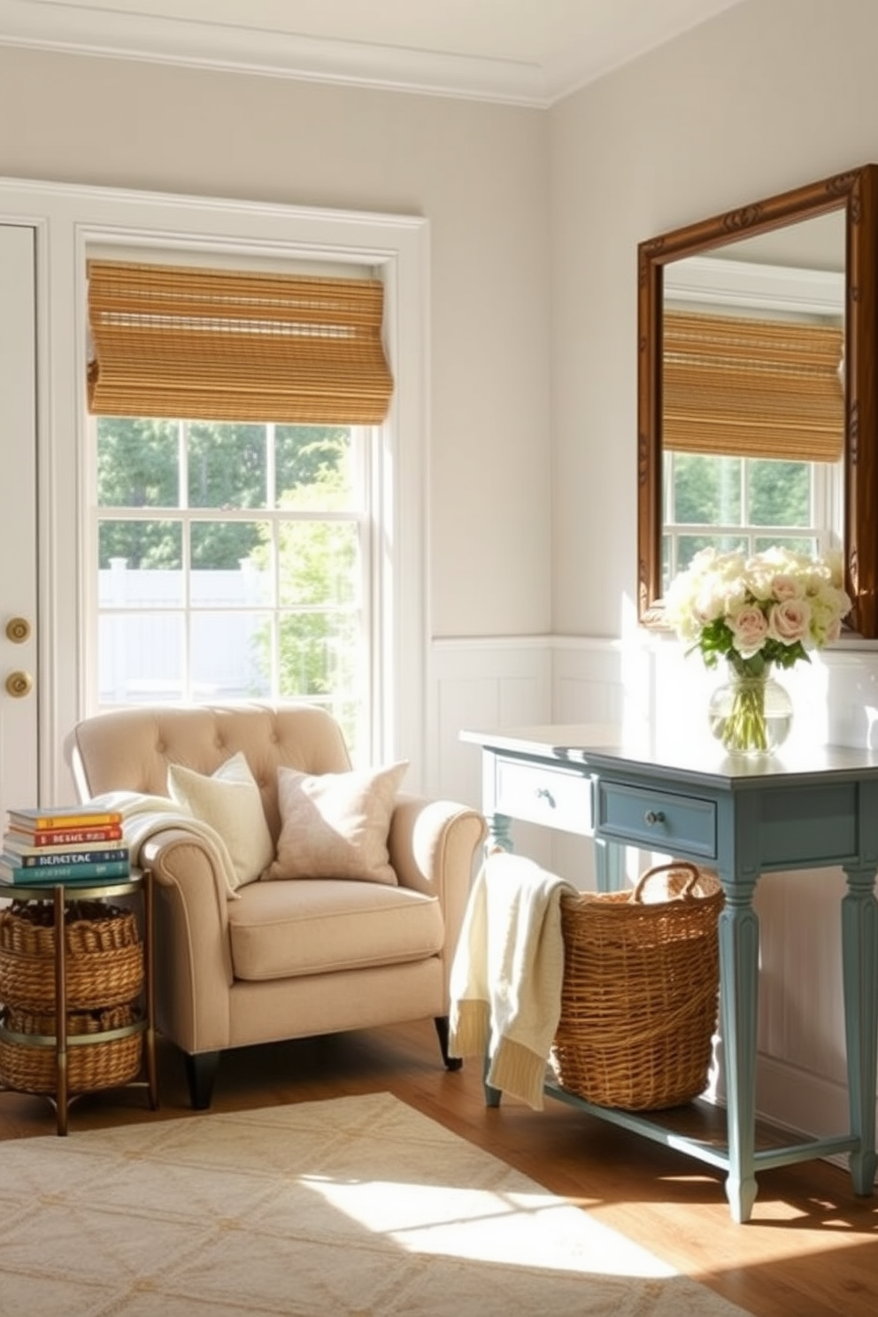 A cozy reading nook area features a plush armchair upholstered in soft fabric, positioned near a large window that lets in natural light. A small side table holds a steaming cup of tea and a stack of well-loved books, while a warm throw blanket drapes over the arm of the chair. Summer entryway decorating ideas include a bright and airy color palette with pastel accents. A woven basket filled with fresh flowers sits on a console table, and a large mirror reflects the sunlight, making the space feel welcoming and cheerful.