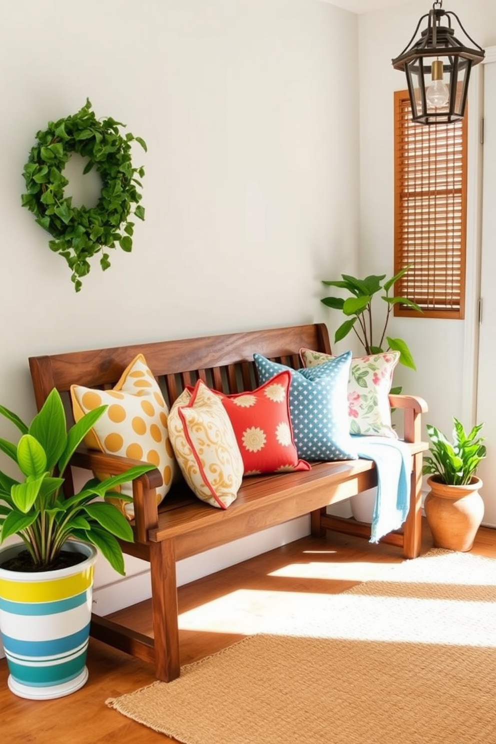 A bright and inviting entryway filled with summer charm. A long wooden bench is adorned with vibrant throw pillows in various patterns and colors, creating a cheerful focal point. Freshly potted plants sit on either side of the bench, adding a touch of greenery. The walls are painted in a light, airy hue, and a woven rug lies beneath to enhance the cozy atmosphere.