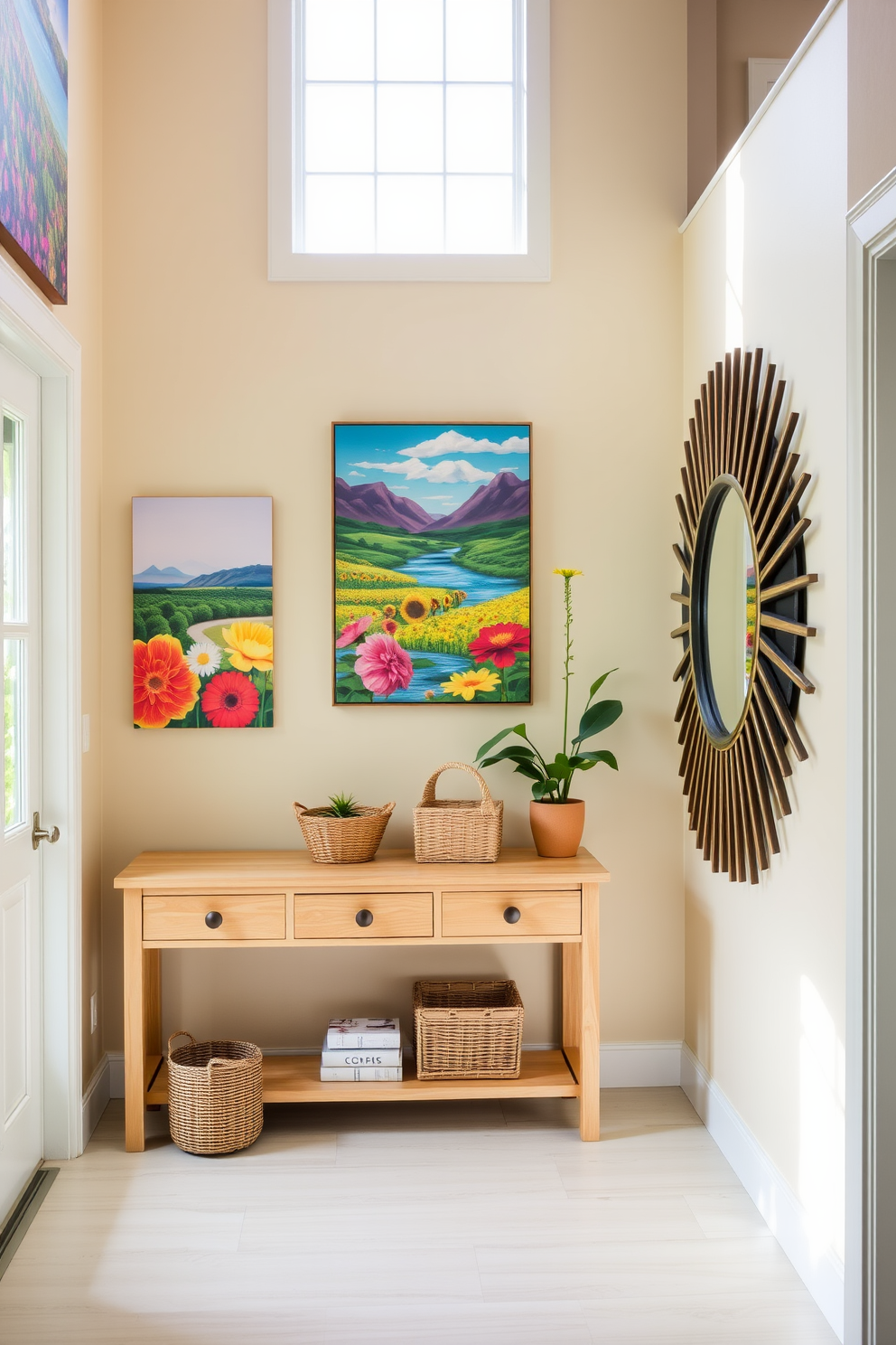 A bright and airy entryway filled with summer vibes. The walls are adorned with colorful artwork that showcases vibrant landscapes and cheerful floral patterns. A console table made of light wood sits against the wall, topped with a few decorative items like a woven basket and a small potted plant. A large mirror with a sunburst design reflects the natural light coming in from the nearby window.