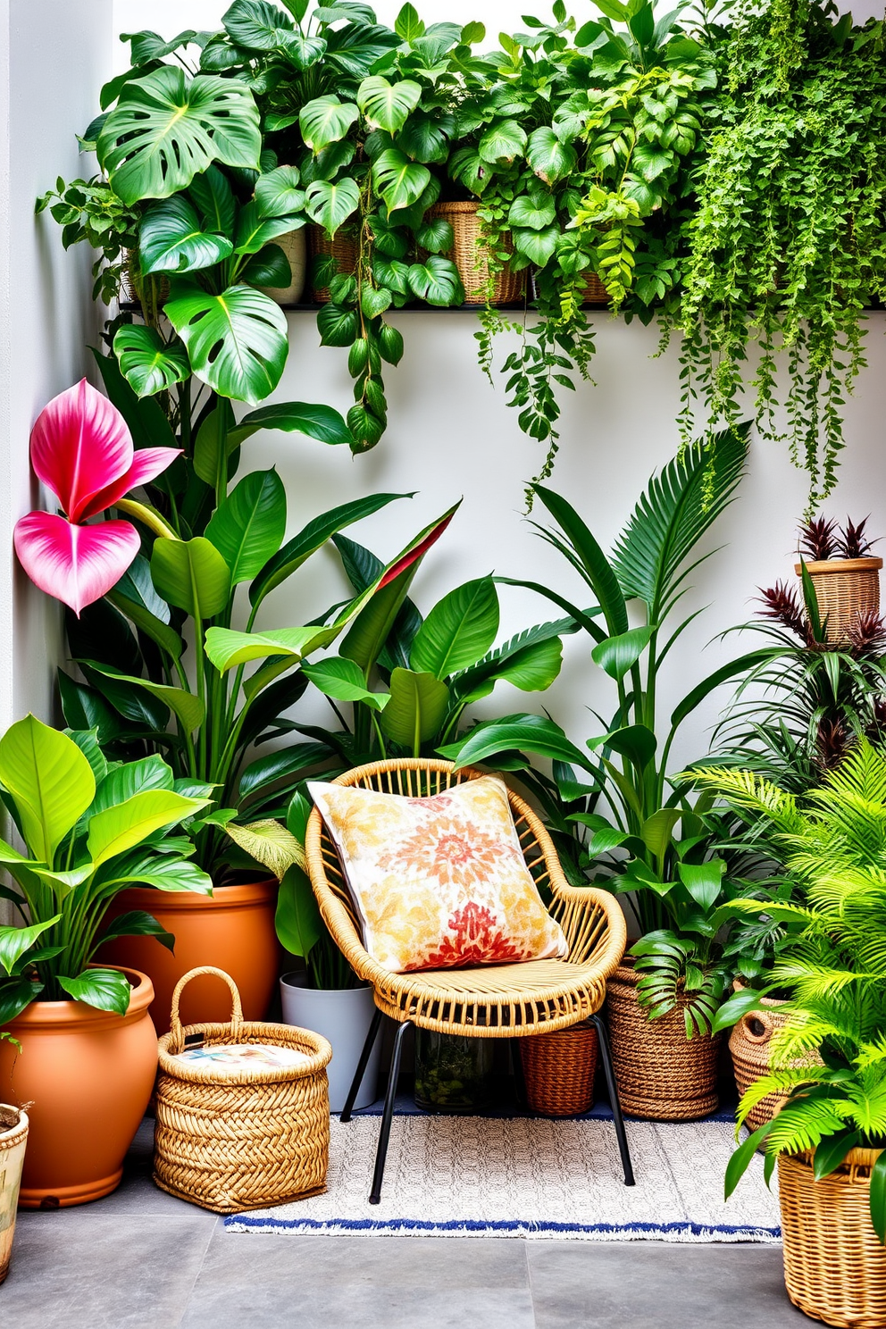 Create a vibrant tropical plant corner filled with lush green foliage. Include a variety of plants such as monstera, palm, and ferns in stylish pots arranged at different heights. Incorporate a cozy seating area with a rattan chair and a small side table. Add decorative elements like colorful cushions and a woven basket to enhance the summer vibe.