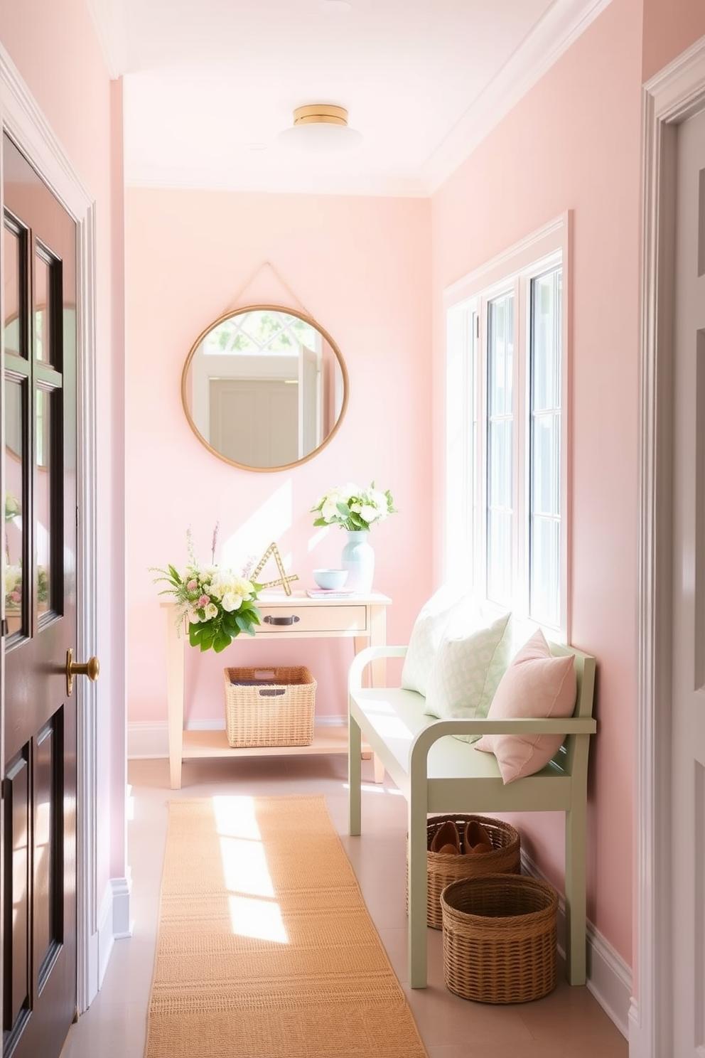 A bright and airy entryway filled with natural light. The walls are painted in soft blush pink, and a light mint green bench sits against one side, adorned with pastel throw pillows. A large round mirror with a delicate gold frame hangs above a narrow console table. Fresh flowers in a pastel vase and a woven basket for shoes complete the inviting summer decor.