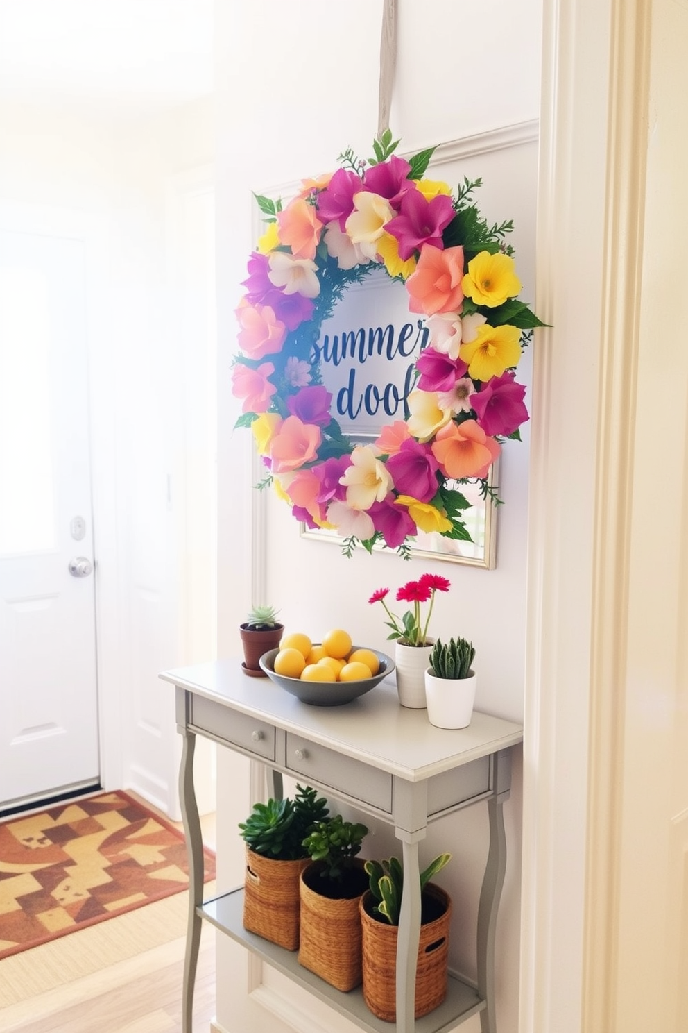 A cheerful summer wreath adorns the front door, welcoming guests with vibrant colors and floral accents. The entryway is brightened by natural light streaming through the windows, creating an inviting atmosphere. Inside, a small console table is decorated with a bowl of fresh fruit and a few potted plants. The walls are painted in a soft pastel hue, complementing the cheerful theme of the summer decor.