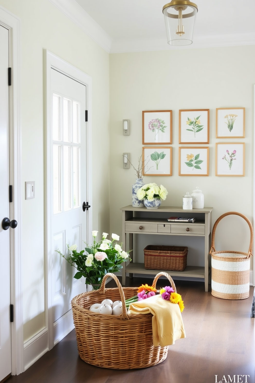 A bright and inviting entryway adorned with summer-themed decorations. The walls are painted in a soft pastel hue, and a stylish console table sits against one side, topped with decorative ginger jars in varying sizes. On the opposite wall, a series of framed botanical prints add a touch of nature. A woven basket filled with fresh flowers is placed on the floor, complementing the light and airy atmosphere.