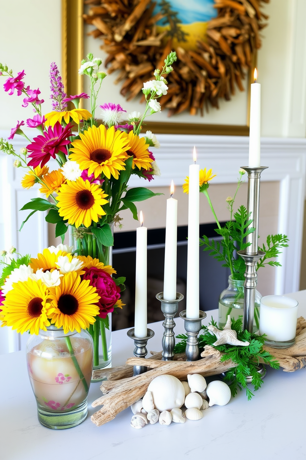 Bright floral arrangements in vases create a vibrant and inviting atmosphere in any room. Choose a variety of colorful blooms such as sunflowers, peonies, and daisies to fill the vases, enhancing the overall decor. For summer fireplace decorating ideas, consider using light and airy materials such as driftwood and seashells. Arrange candles in varying heights alongside fresh greenery to evoke a relaxed coastal vibe.