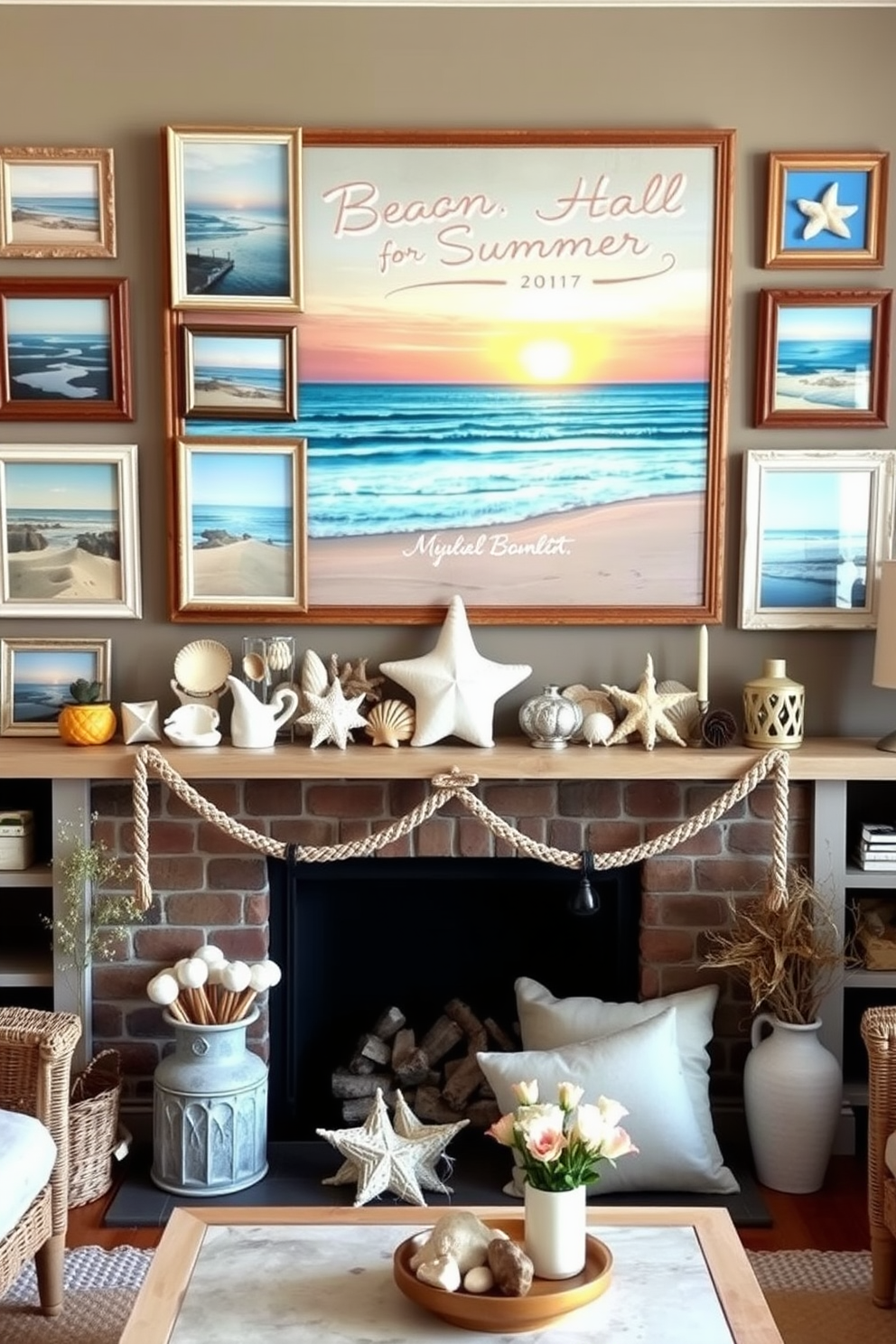 A cozy living room adorned with vintage beach-inspired picture frames showcasing serene ocean views and sun-soaked sandy shores. The frames are arranged in a gallery wall, adding a touch of nostalgia and warmth to the space. A charming fireplace decorated for summer with seashells, driftwood, and soft pastel accents. Above the mantel, a large piece of art depicting a beach sunset complements the coastal theme while inviting a relaxed atmosphere.