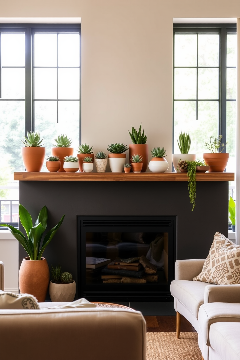 A cozy summer living room featuring a modern fireplace adorned with decorative succulents in various sizes. The mantel is styled with a mix of terracotta pots and sleek ceramic containers, showcasing vibrant green plants that require minimal care. The surrounding area is designed with a comfortable seating arrangement, including a plush sofa and accent chairs. Natural light streams in through large windows, illuminating the space and highlighting the earthy tones of the decor.