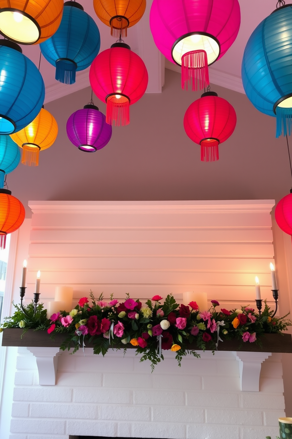 Brightly colored lanterns hang from the ceiling, casting a warm glow throughout the room. The lanterns are arranged at varying heights, creating a whimsical atmosphere filled with vibrant hues. The summer fireplace is adorned with a garland of fresh flowers and greenery, adding a touch of nature to the space. On the mantel, decorative candles in assorted sizes provide a cozy ambiance, inviting relaxation and warmth.