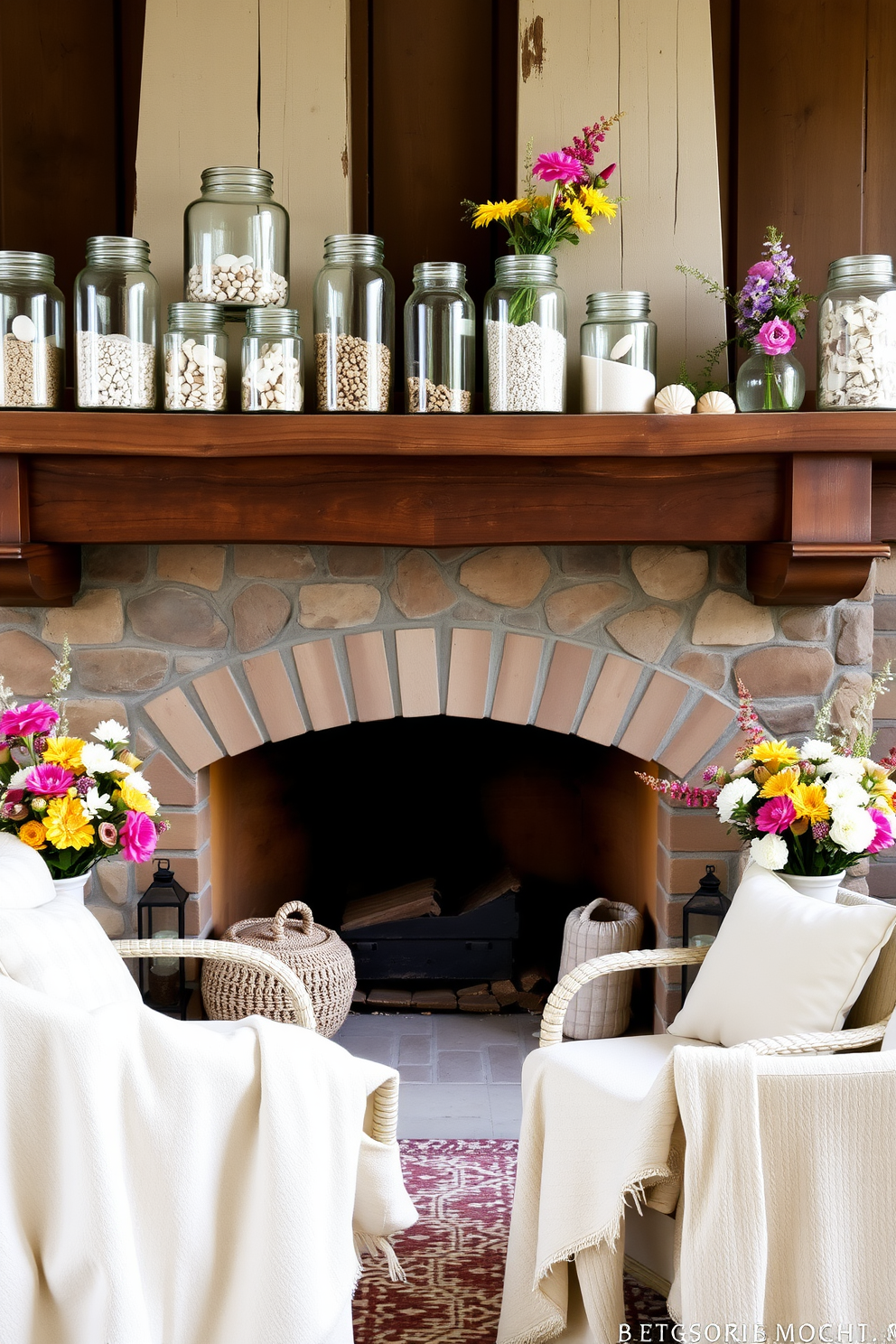 A collection of glass jars filled with beach sand is displayed on a rustic wooden shelf, evoking a sense of coastal tranquility. Each jar varies in size, showcasing different types of sand and small seashells, creating a charming beach-themed centerpiece. The summer fireplace is adorned with vibrant floral arrangements and light, airy fabrics that bring a refreshing vibe to the space. Surrounding the fireplace, comfortable seating is arranged to encourage gatherings, with soft throw blankets draped over the chairs for added warmth and style.